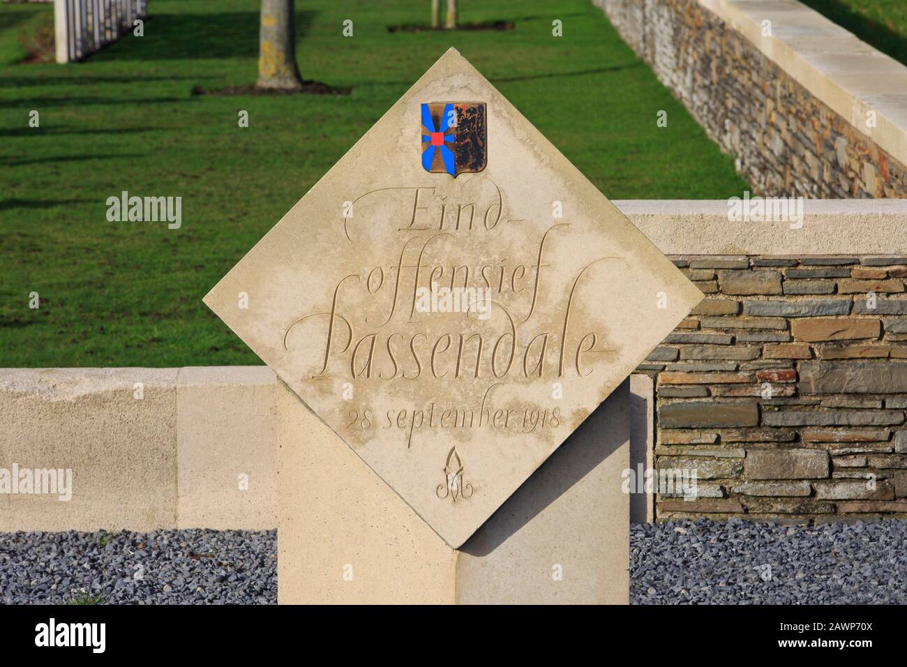 The 'Final Offensive at Passchendaele on 28th September 1918' Albertina marker outside the Passchendaele New British Cemetery in Zonnebeke, Belgium Stock Photo