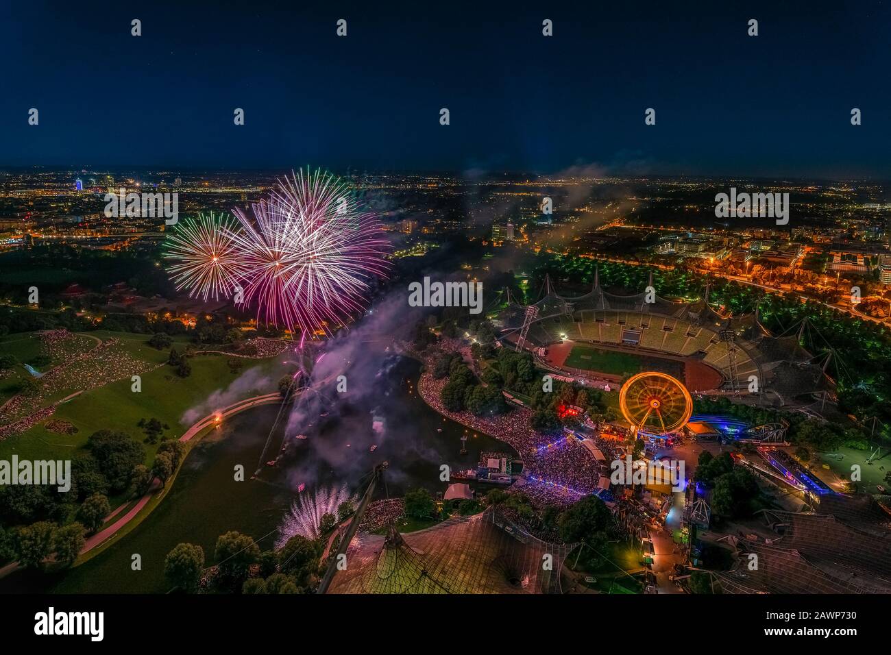 Fireworks over Munich from a high angle. Stock Photo