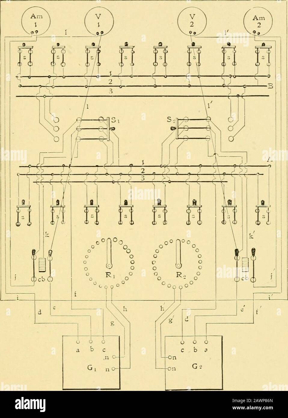 Switchboards for power, light and railway service, direct and alternating current, high and low tension . f that figure,that is, a switch to connect the two sets of busses. Ifeach generator is connected with a separate set of busses,we can run them at different voltages, but if both feedinto the same set as represented in the diagram, the voltagemust be equalized. Therefore, unless the two voltmetersindicate the same pressure, the generators cannot be con-nected with the same set of busses. In starting up two generators, connected in parallel, thecourse of procedure is to set the machines in m Stock Photo