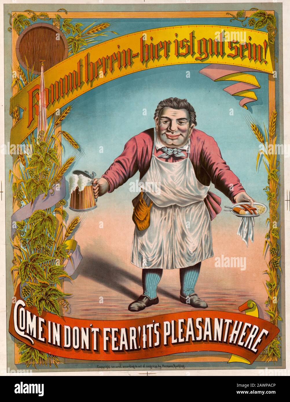 Kommt herrin beir ist gust sein! - come in, don't fear! it's pleasant here. Print of advertisement showing a man presenting to the viewer a stein of beer and a plate of food. 1887 Stock Photo