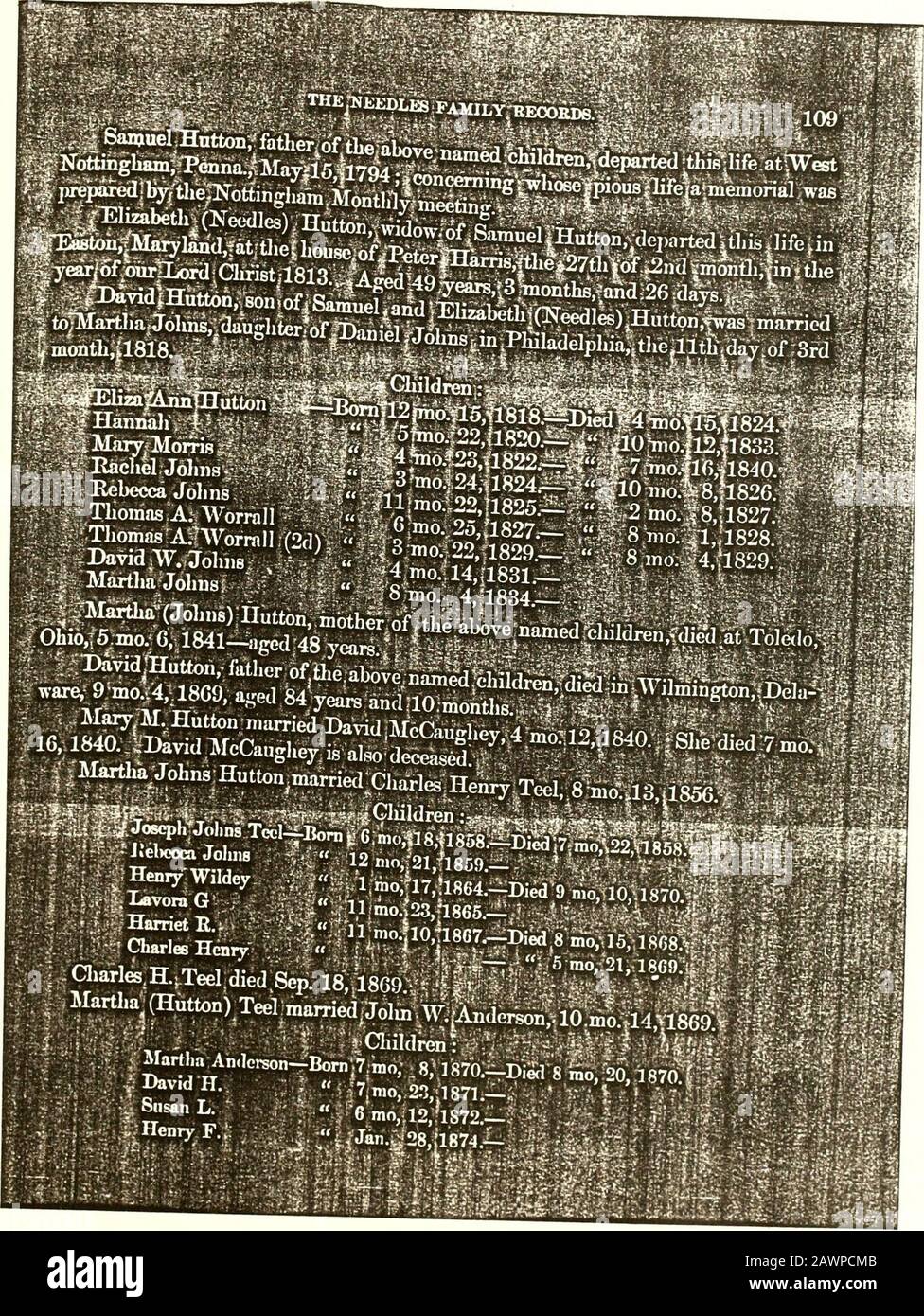 Record of the Man, Needles (Nedels) and Hambleton families...1495-1876 . 5, of jtlie family; of Casdrops^TOin^Holland. ;r iMvCffimnw? ^slioultTbe Casdbrp.;v J j (Casdorp foGaBd^j^J^ i^obalW || thejcorrect,name. .Theitemina^ion^aorf,^villa^.or hamleiyin:German *corre£^ |ponding to IhejEnglish^ton^R:)^^: ;V ., j* $.  ^ -%^-: | • &gt;,Children:   || V//, -1 Anna -Needles.^Born 9Wi24l785^abbut3 A:M. oh itKdayX^V^^-v*??* £MarriedI)eborahHamb]eton;a^ SJulianna; I :fBorn7;mo.&gt;22;-17934« Ipiqbf 2nd^yiM^fel*4i&$&i1 KWilliam 3 Charles; Allen | Married LydiaHaines and SaTairM.Sfile^andwstilliiving, Stock Photo
