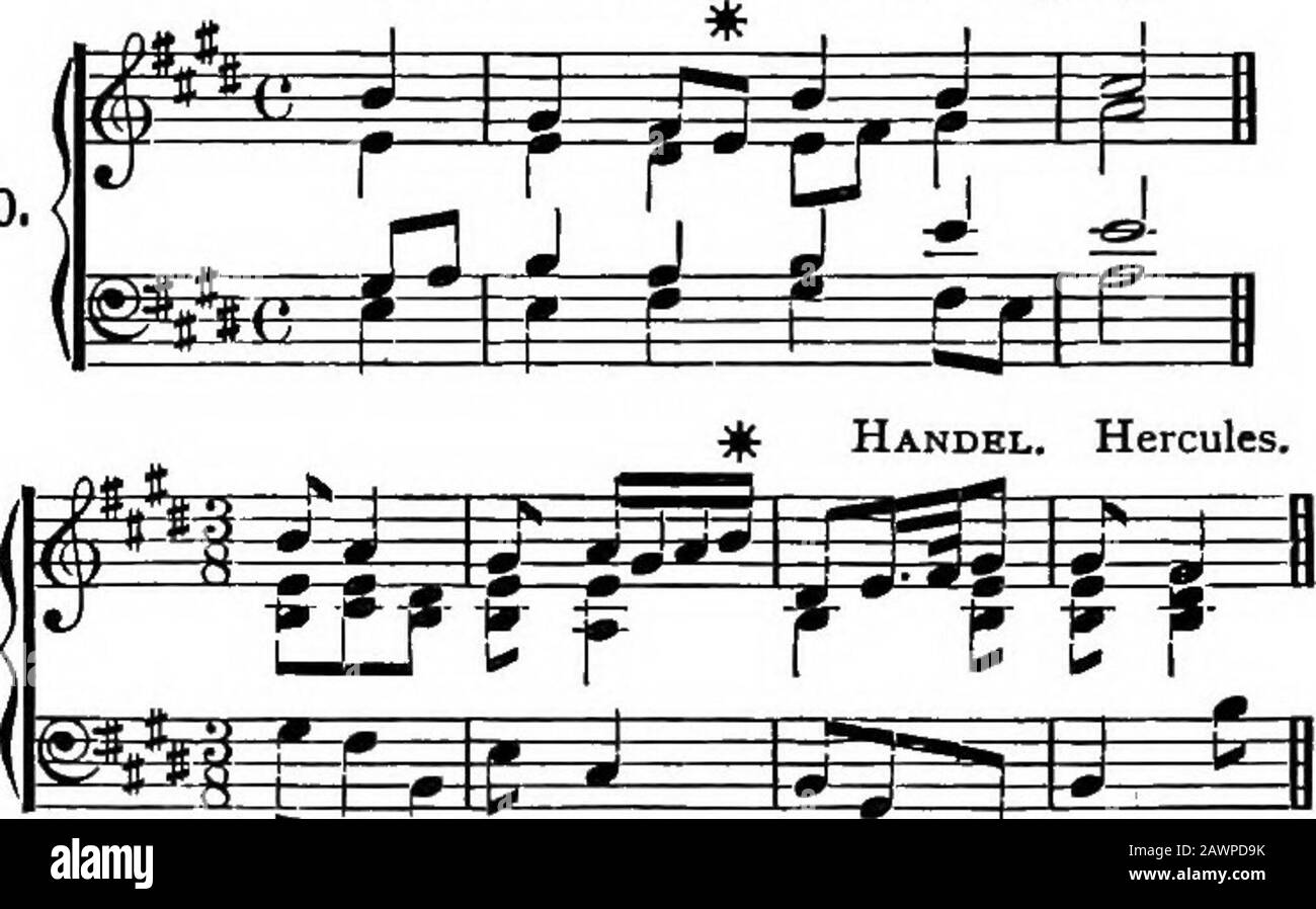 Harmony, its theory and practice . not only harmony notes but passing notes are anticipated. 326. Occasionally, though rarely, a note is anticipated in onevoice, and then taken in another, as in the following examples: Bach. Cantata.— Es ist dir gesagt. Ex. 250, Ex. 251.. ^P In Ex. 250, the note E of the alto in the third crotchet of thebar is anticipated in the treble ; and in Ex. 251 the first quaverin the third bar of the bass is similarly treated. 327. We will now briefly summarize the laws for the employ-ment of auxiliary and passing notes. I. Auxiliary notes may be taken either above or Stock Photo