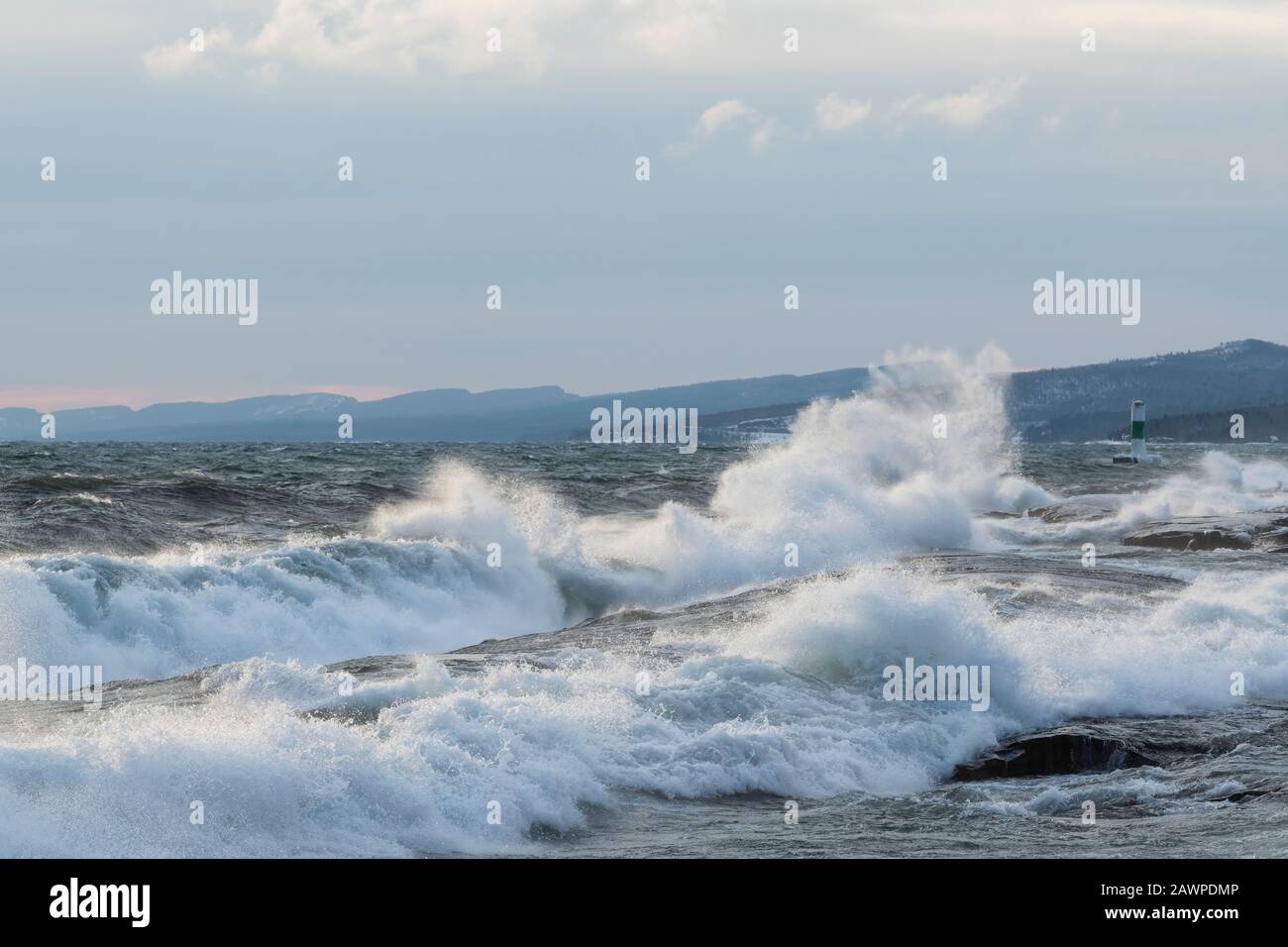 Lake Superior waves batter shoreline, Artist Point, Grand Marais, Cook County, MN, January, by Dominique Braud/Dembinsky Photo Assoc Stock Photo