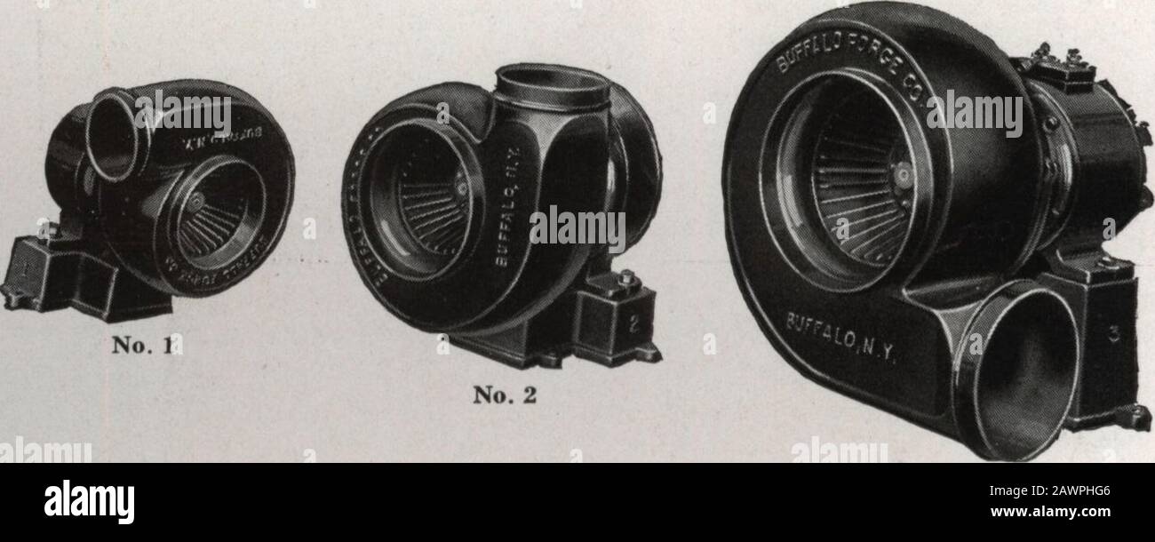 Catalog no201: Buffalo Niagara conoidal fans . The Baby Conoidal fan is of the high efficiency multiblade type withblast-wheel of the same design as the Niagara Conoidal (Type N). Housingis cast iron and can be swung around to discharge in any desired direction.This fan furnishes a large volume of air at a relatively low pressure withmoderate speed. The wheel is accurately balanced assuring a smooth run-ning, noiseless machine; its hum^ is almost inaudible. It is unexcelled for all kinds of drying and cooling purposes, for supply-ing fresh, cool air to ofRces, homes, staterooms, telephone boot Stock Photo