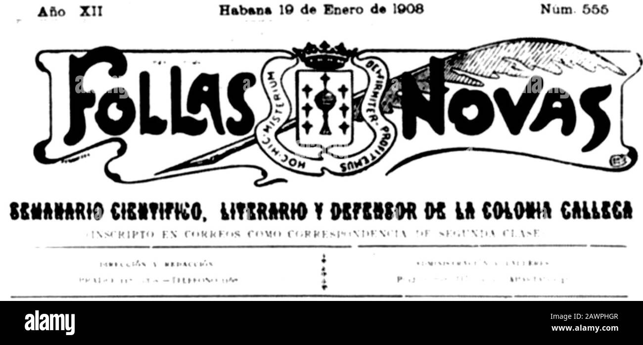 Follas Novas. Semanario científico, literario y defensor de la colonia gallega. Habana 19 de Enero de 1908. Stock Photo
