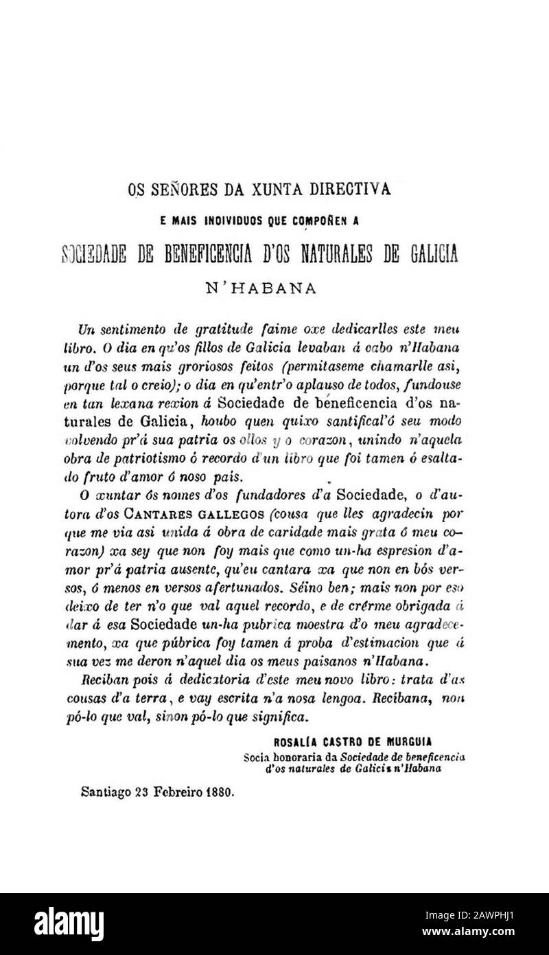 Follas novas. Rosalía Castro de Murguía. 23 Febreiro 1880. Dedicatoria. Stock Photo