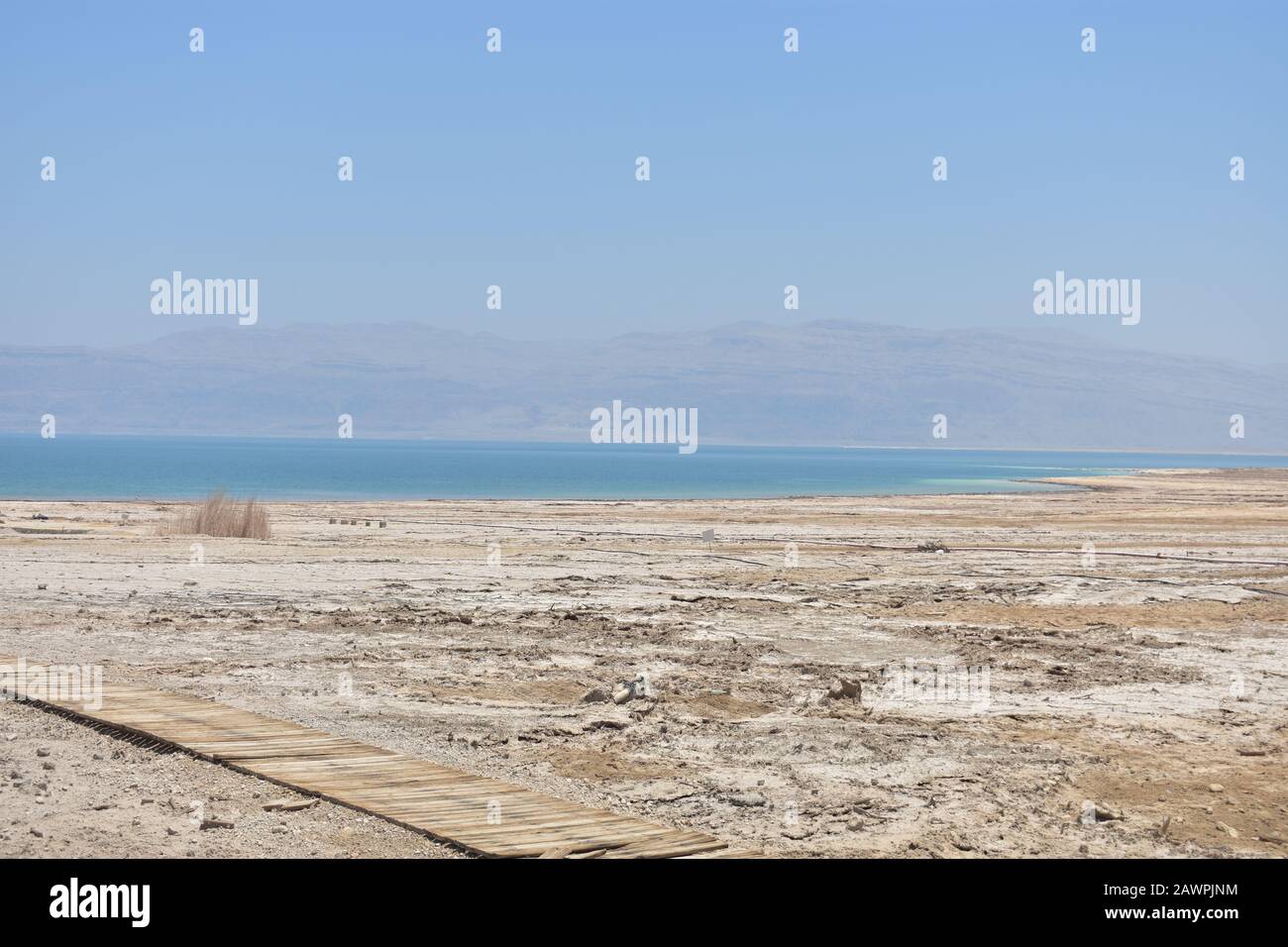 Landscape at the Dead Sea with a wooden bridge Ein Gedi Stock Photo