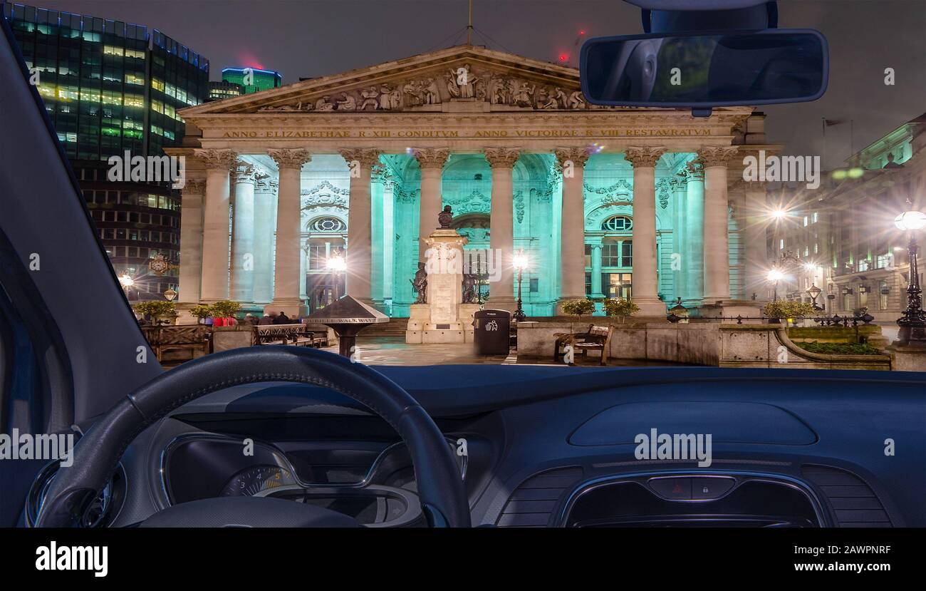 Looking through a car windshield with view of the Royal Exchange Building, London, UK Stock Photo
