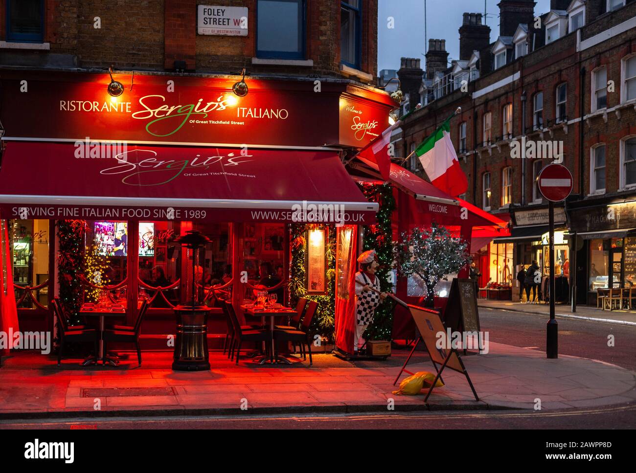 Italian restaurant Ristorante Sergio's, Fitzrovia, London W1W, England, UK. Stock Photo