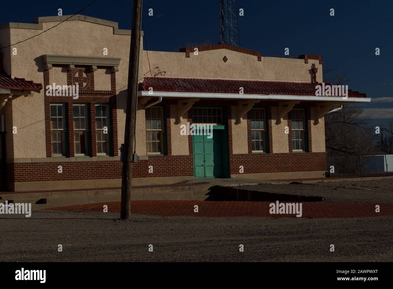 Old Santa Fe Train Station/Passenger Stop and Historical Texas Monument in Canyon, Texas. Stock Photo