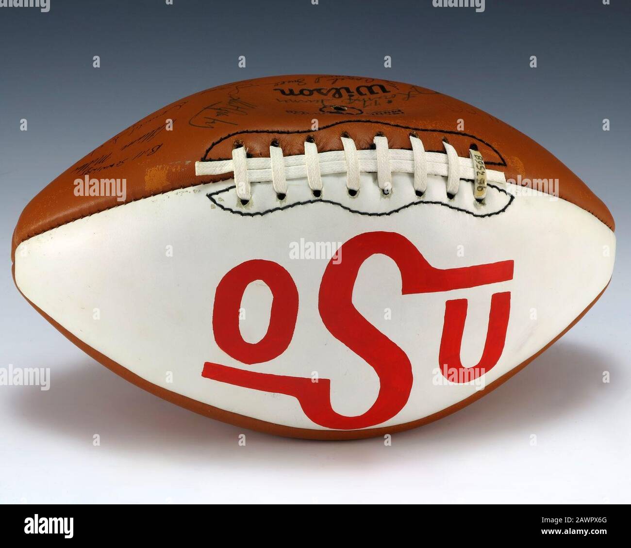 Football signed by 1976 Oklahoma State Cowboys (1987.568). Stock Photo