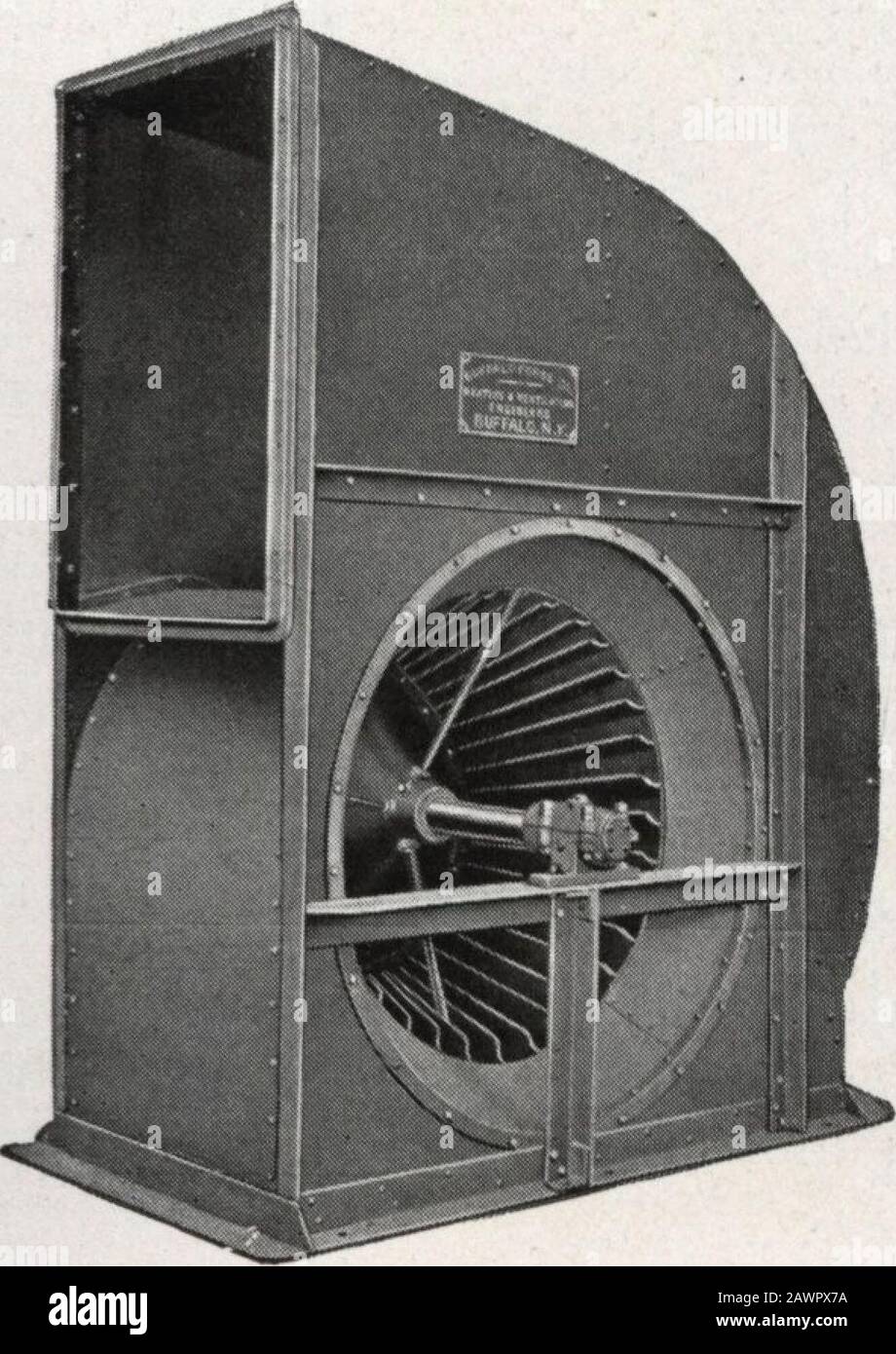 Catalog no201: Buffalo Niagara conoidal fans . lto deflect the entering air to the bladeswith the least resistance and loss in power.It is attached to the shaft by key and setscrews and at the back widens out into adisk which is hot-riveted to the back plate. Four forged tie rods are screwed intothe hub and are attached to the conicalflange at the inlet edgeof the wheel. Theserods are placed at an angle to the inletwhich offers the least resistance to theentering air. Nia^ara Conoidal Wheel HOUSING The housing is of modified shapeas previously described, constructed ofheavy steel plate with ri Stock Photo