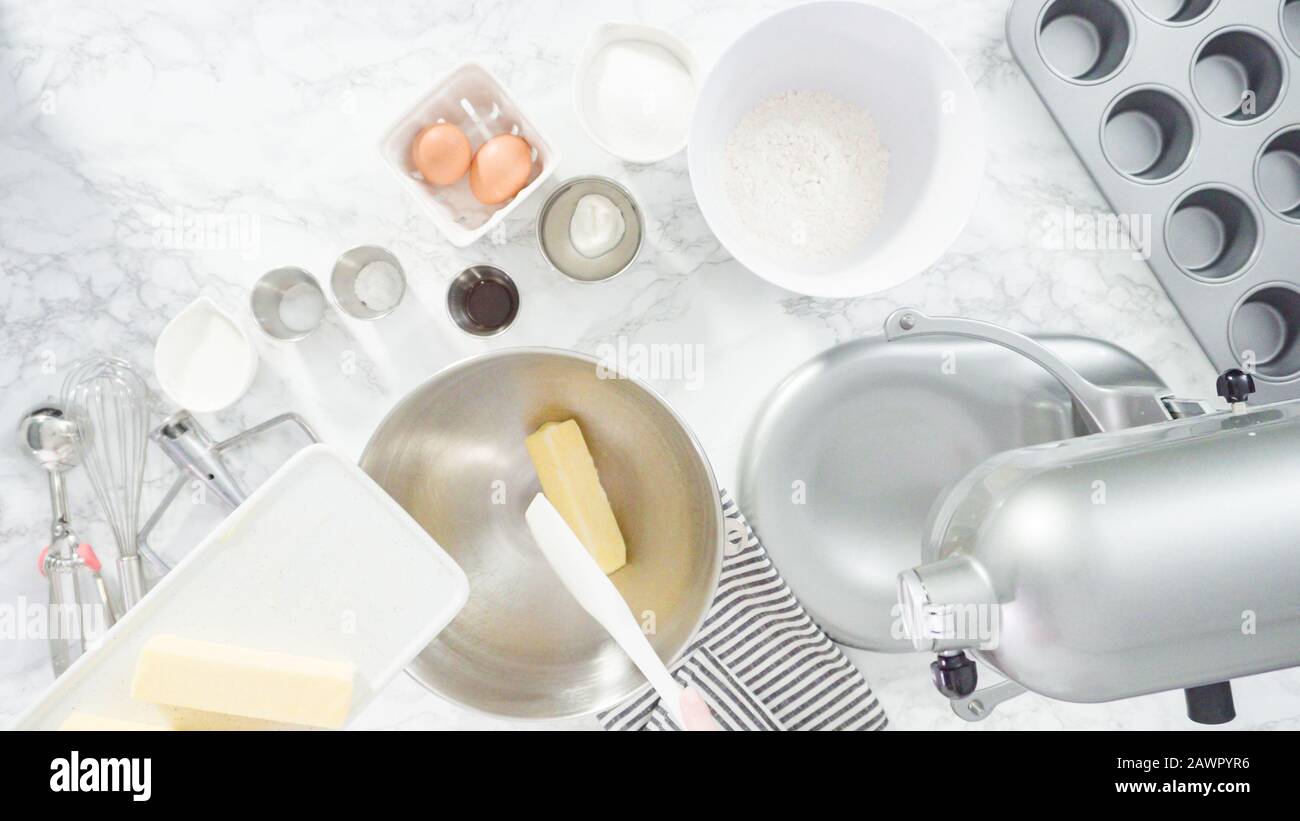 Flat lay. Step by step. Mixing ingredients in kitchen mixer to bake mermaid theme vanilla
