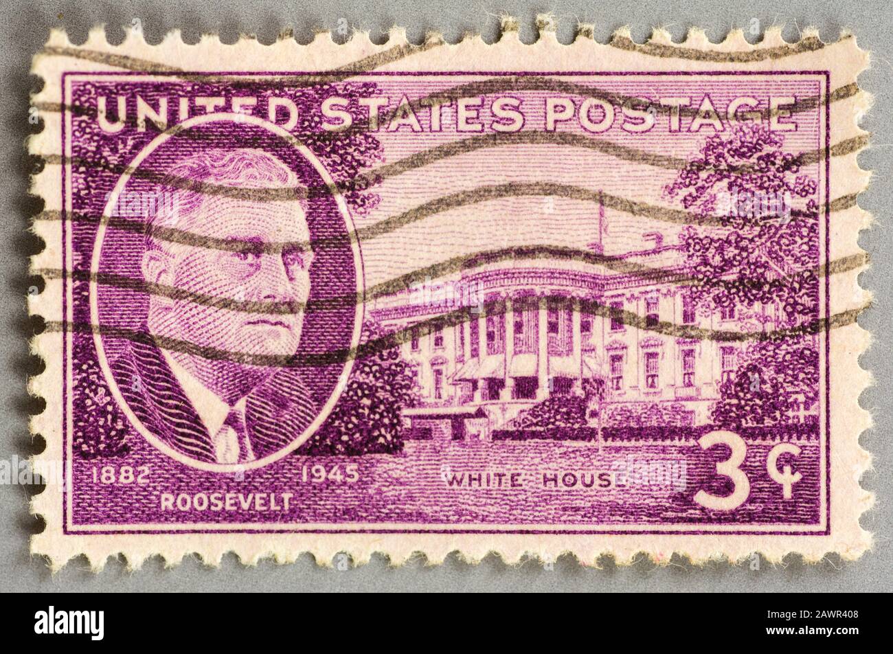 US postage stamp commemorating President Franklin D Roosevelt. 1882-1945. Image shows the White House. Stock Photo
