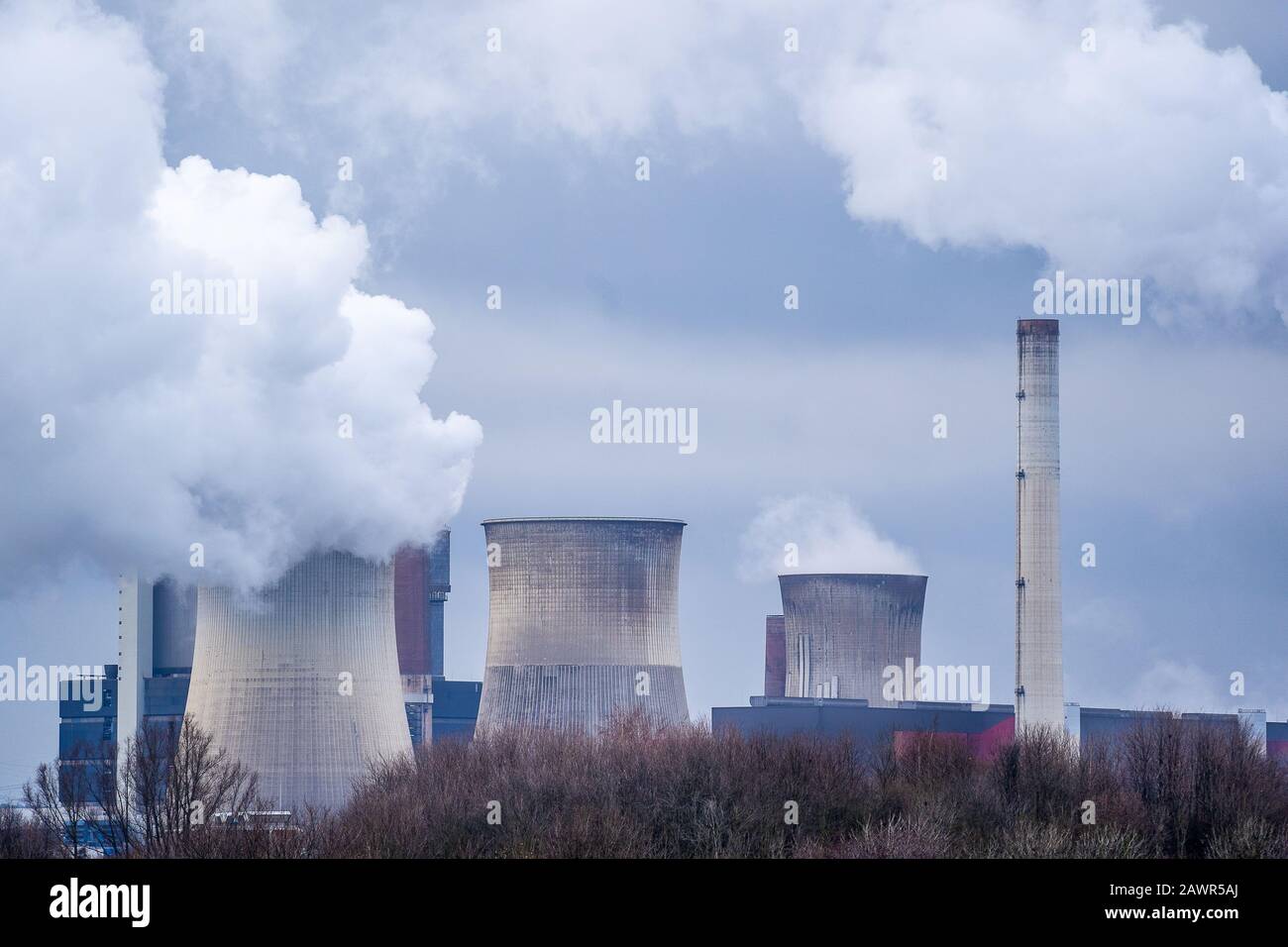 Wide angle shot of white smoke coming out of the nuclear plants Stock Photo