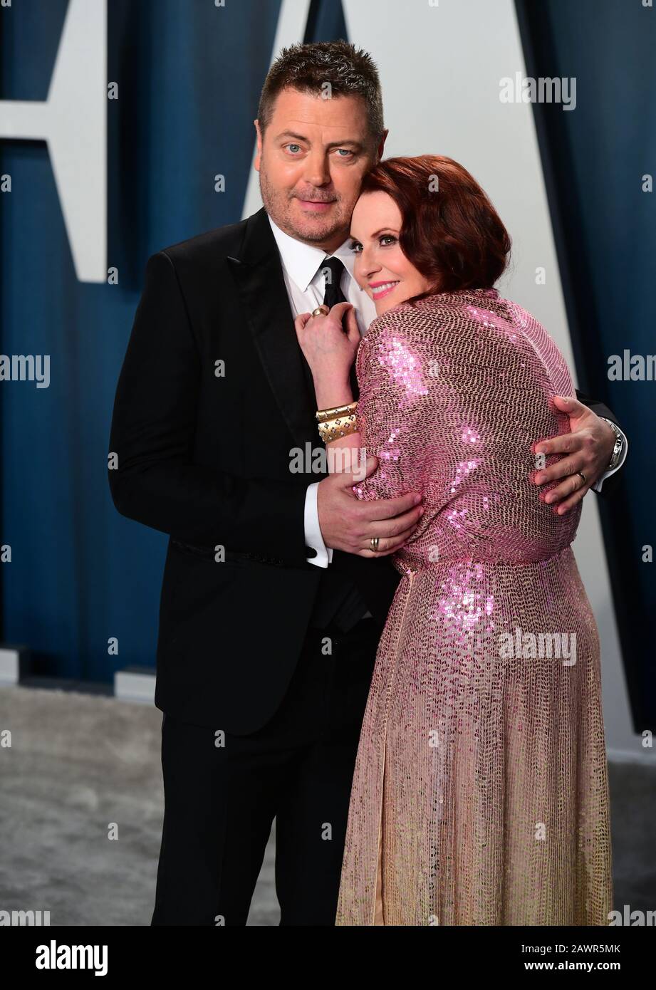 Nick Offerman (left) and Megan Mullally attending the Vanity Fair Oscar Party held at the Wallis Annenberg Center for the Performing Arts in Beverly Hills, Los Angeles, California, USA. Stock Photo