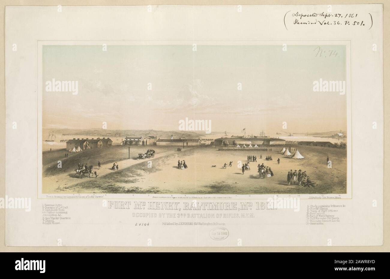 Fort McHenry, Baltimore, Md., 1861, occupied by the 3rd Battalion of Rifles, M.V.M. - from a drawing by Corporal E.S. Lloyd, of Dodd's Carvers. Stock Photo