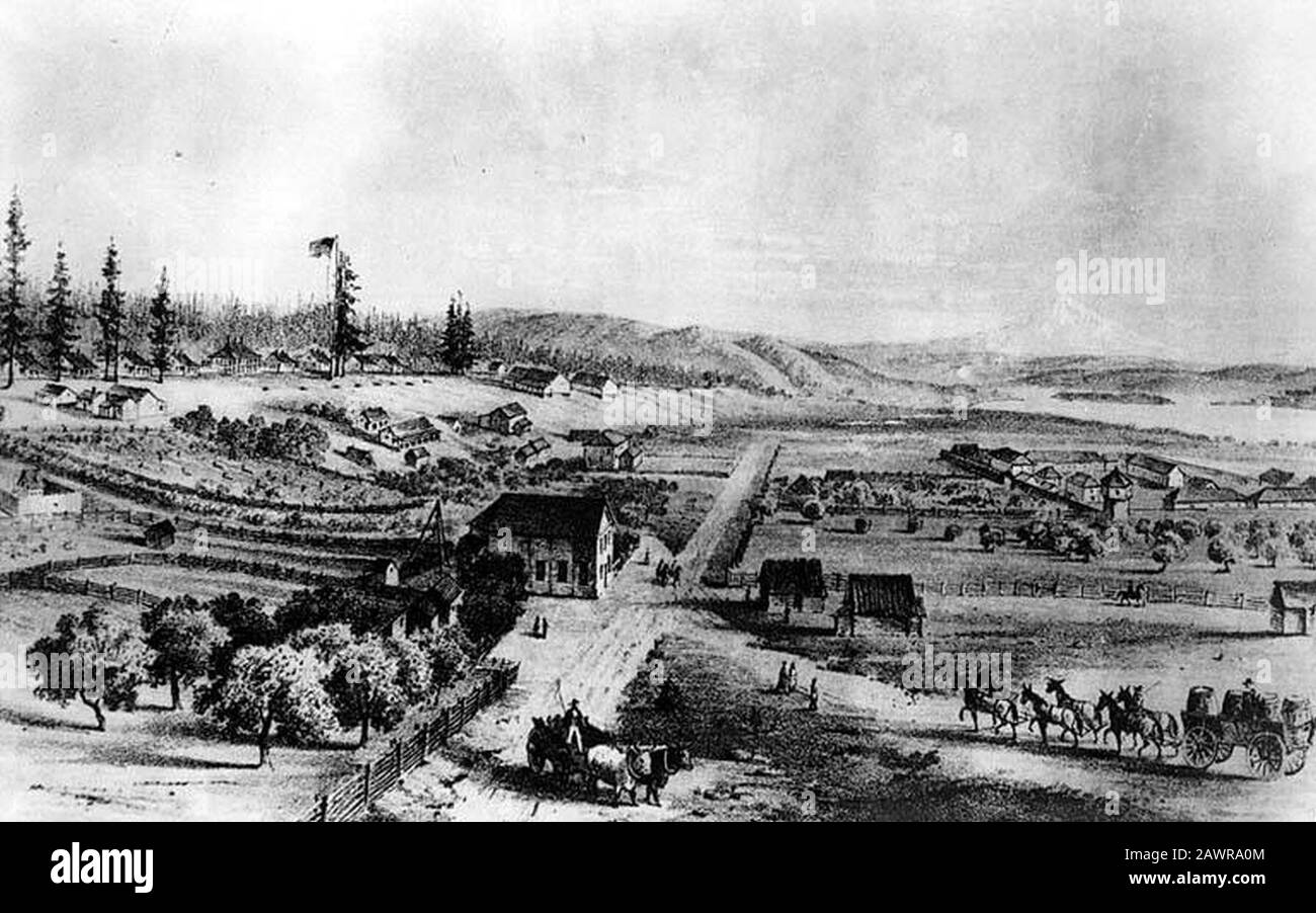 Fort Vancouver Oregon Territory with Hudson's Bay Co stockade on right U S Army barracks on left (CURTIS 85). Stock Photo