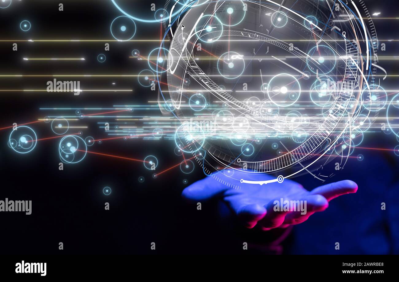 Businessman working with a virtual projection of computing cloud Stock Photo