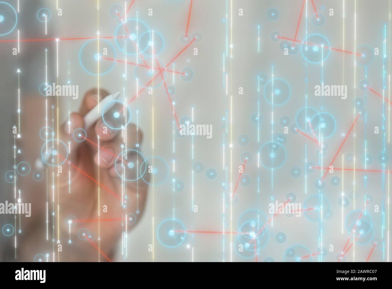 Person working with a virtual projection of futuristic digital data binary code Stock Photo