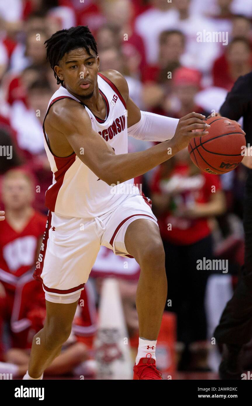 Madison, WI, USA. 9th Feb, 2020. Wisconsin Badgers forward Aleem Ford #2 leads the fast break during the NCAA Basketball game between the Ohio State Buckeyes and the Wisconsin Badgers at the Kohl Center in Madison, WI. John Fisher/CSM/Alamy Live News Stock Photo