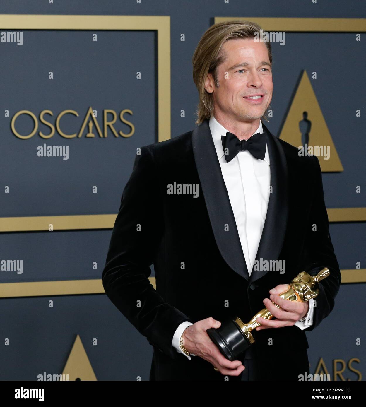 Los Angeles, United States. 09th Feb, 2020. Brad Pitt, winner of Actor In A Supporting Role for 'Once Upon A Time In Hollywood,' appears backstage with his Oscar during the 92nd annual Academy Awards at Loews Hollywood Hotel in the Hollywood section of Los Angeles on Sunday, February 9, 2020. Photo by John Angelillo/UPI Credit: UPI/Alamy Live News Stock Photo
