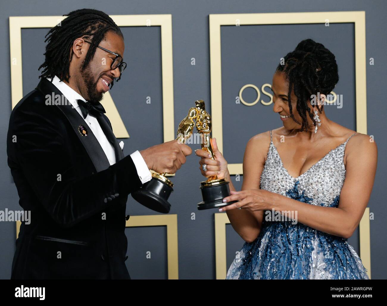 Los Angeles, United States. 09th Feb, 2020. Matthew A. Cherry and Karen Rupert Toliver, winners of Animated Short Film for 'Hair Love,' appear backstage with their Oscars during the 92nd annual Academy Awards at Loews Hollywood Hotel in the Hollywood section of Los Angeles on Sunday, February 9, 2020. Photo by John Angelillo/UPI Credit: UPI/Alamy Live News Stock Photo
