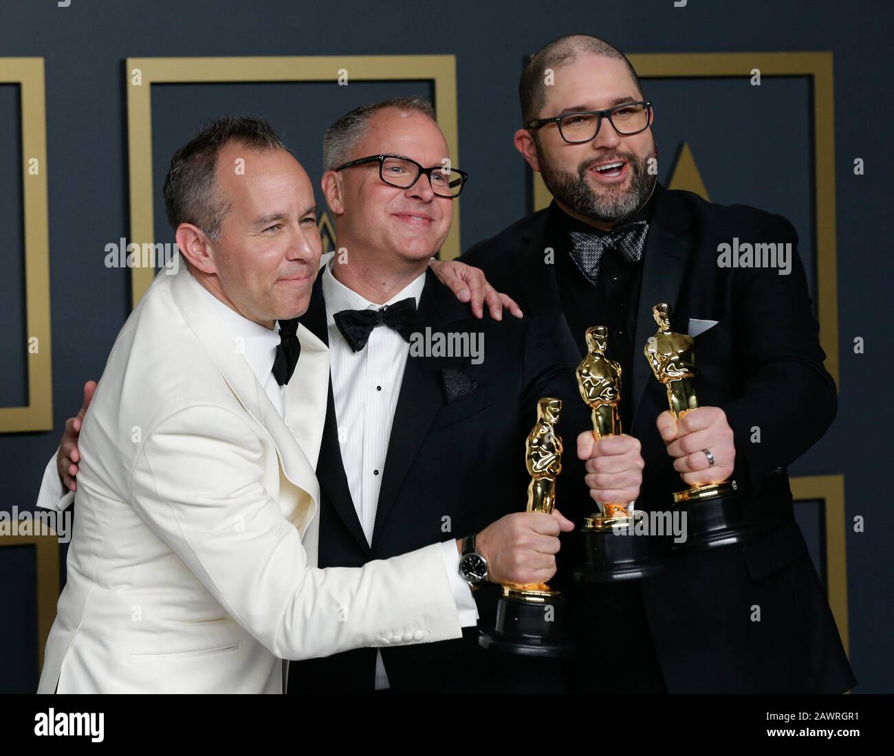 Los Angeles, United States. 09th Feb, 2020. Jonas Rivera, Mark Nielsen and Josh Cooley, winners of Animated Feature Film for 'Toy Story 4,' appear backstage with their Oscars during the 92nd annual Academy Awards at Loews Hollywood Hotel in the Hollywood section of Los Angeles on Sunday, February 9, 2020. Photo by John Angelillo/UPI Credit: UPI/Alamy Live News Stock Photo
