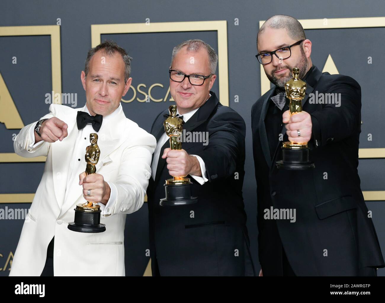 Los Angeles, United States. 09th Feb, 2020. Jonas Rivera, Mark Nielsen and Josh Cooley, winners of Animated Feature Film for 'Toy Story 4,' appear backstage with their Oscars during the 92nd annual Academy Awards at Loews Hollywood Hotel in the Hollywood section of Los Angeles on Sunday, February 9, 2020. Photo by John Angelillo/UPI Credit: UPI/Alamy Live News Stock Photo