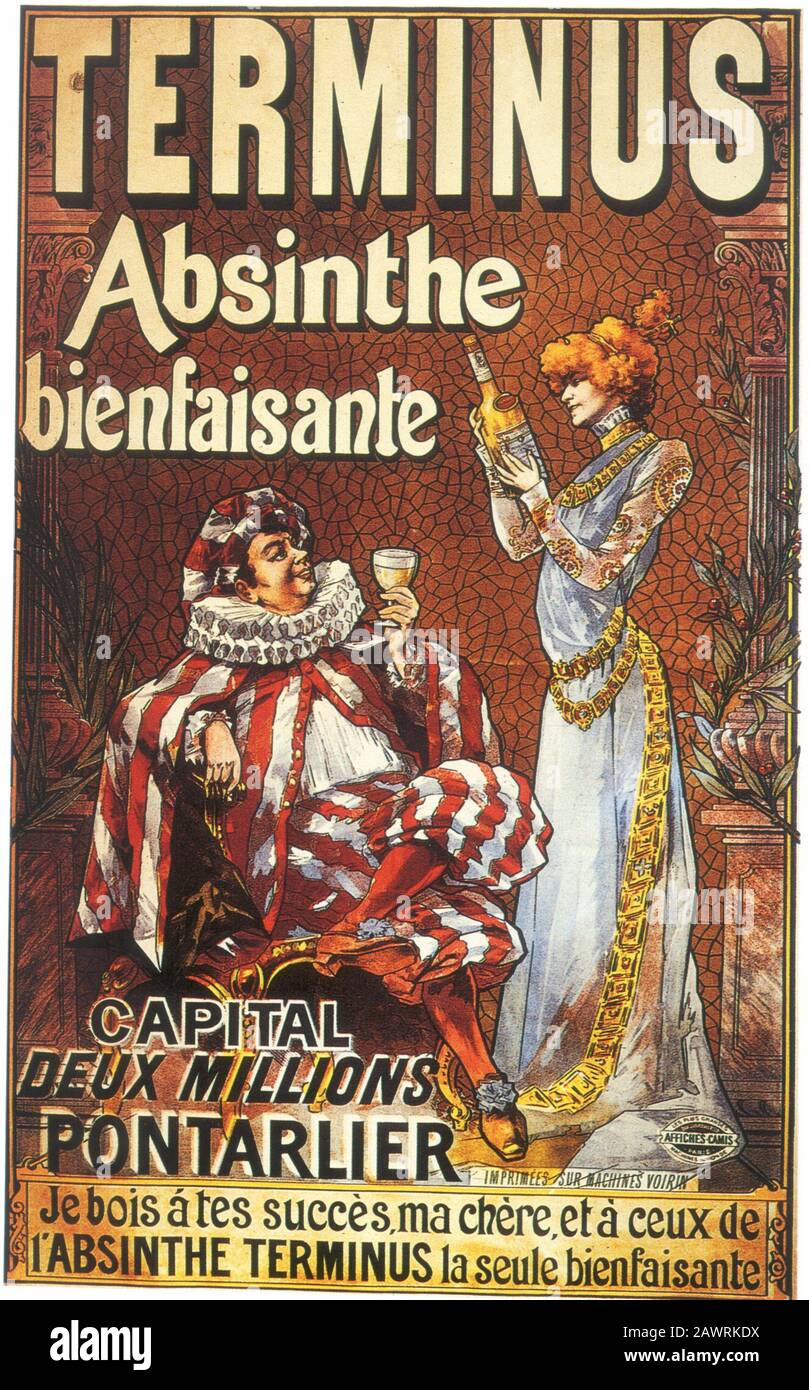SARAH BERNHARDT ( 1844 - 1923 ) was furious when her image appeared in an Absinthe Terminus poster without permission . She won a lawsuit and had the Stock Photo
