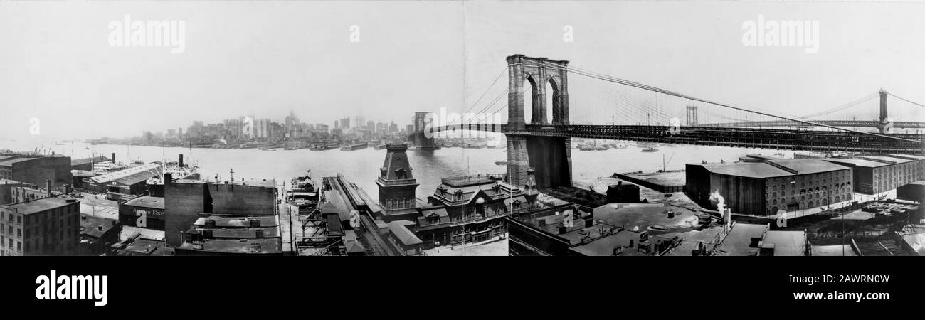 1913, NEW YORK , USA : The great East River suspension bridge, opened the day 24 may 1883 -- Connecting the cities of New York Manhattan and Brooklyn Stock Photo