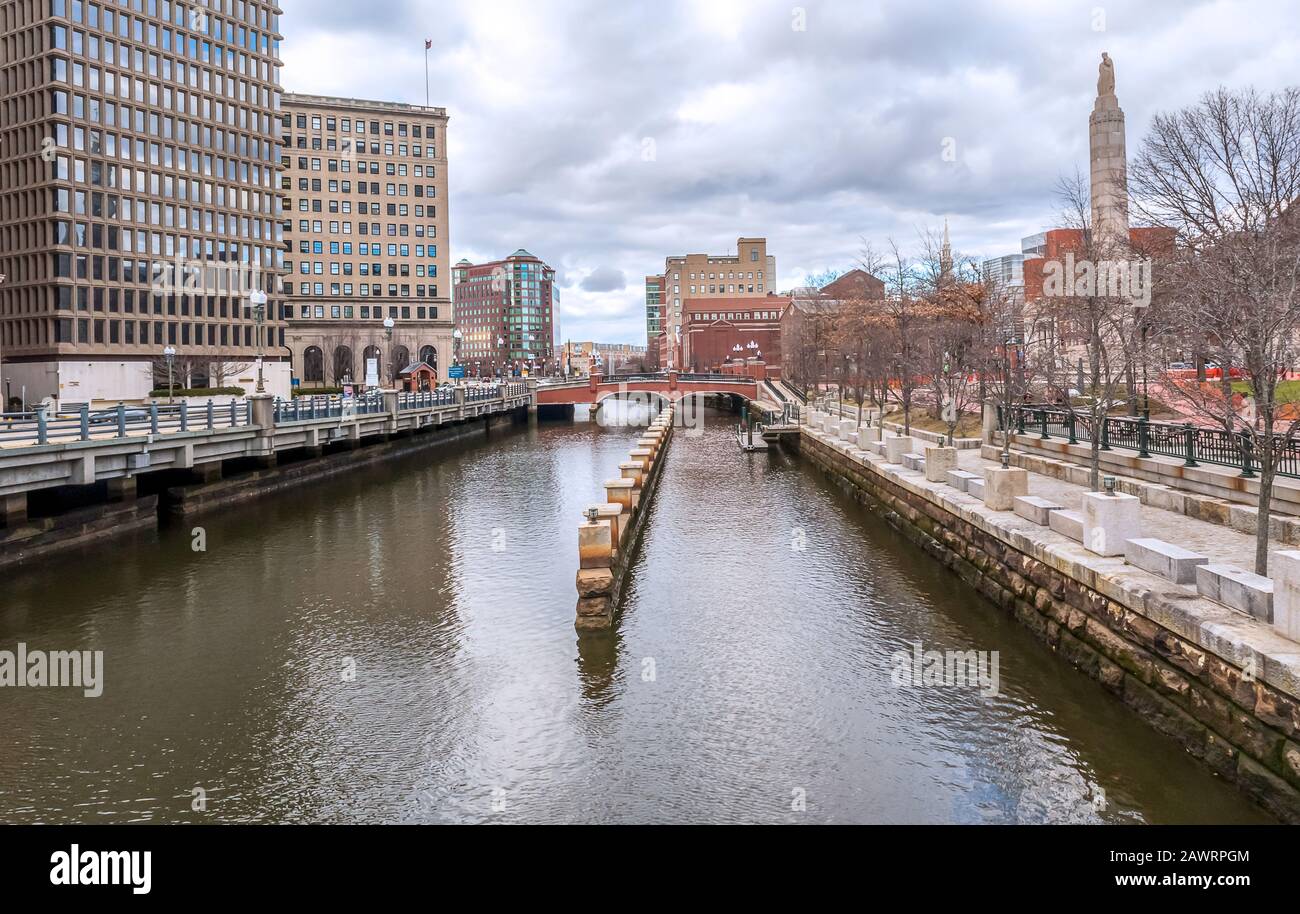 Providence, Rhode Island. Scenic view of a beautiful modern downtown city and Providence river