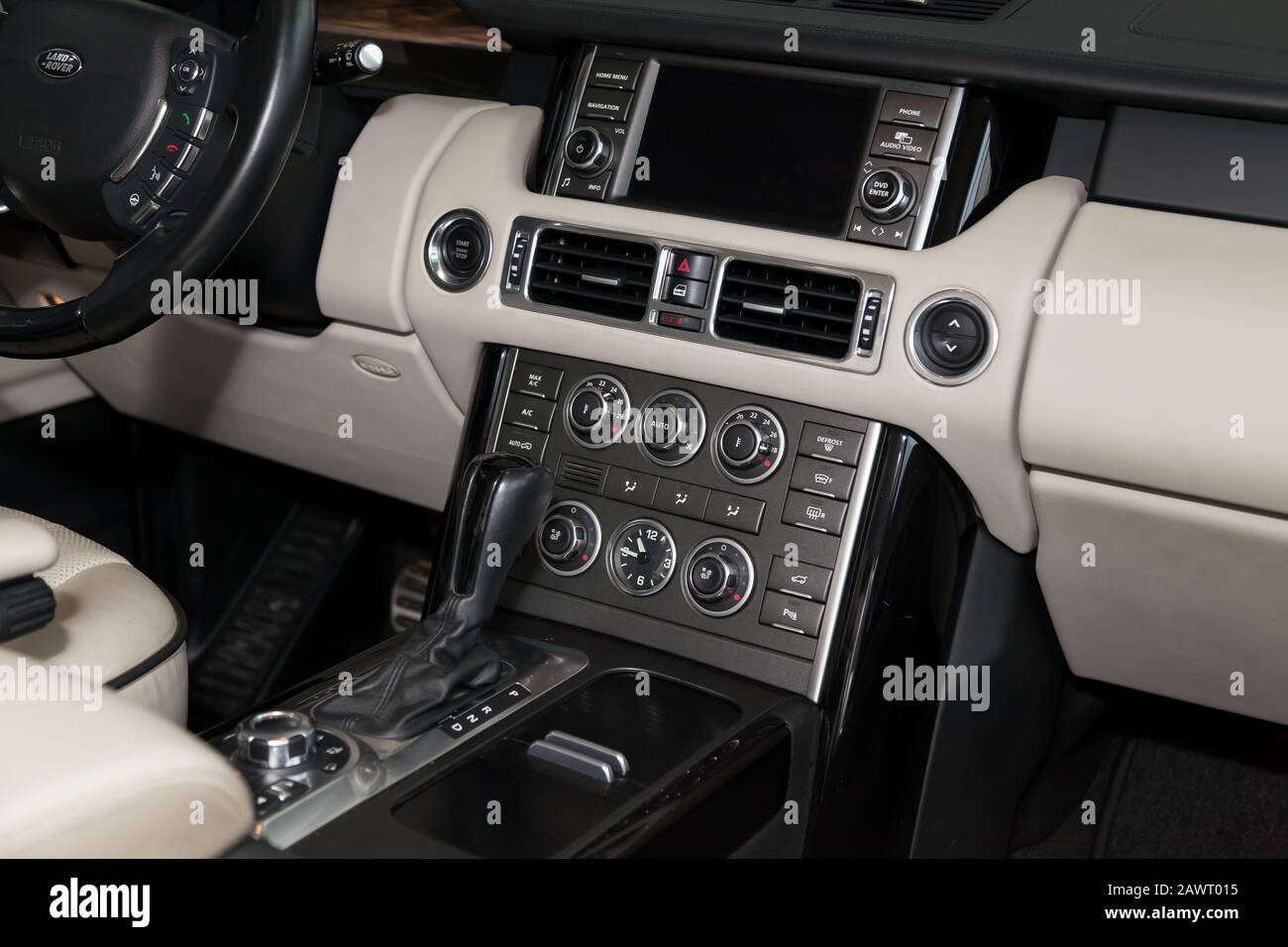 Novosibirsk, Russia - 02.07.2020: The interior the car Land Rover Range Supercharger 2010 with a view of the dashboard, central panel after c Stock - Alamy