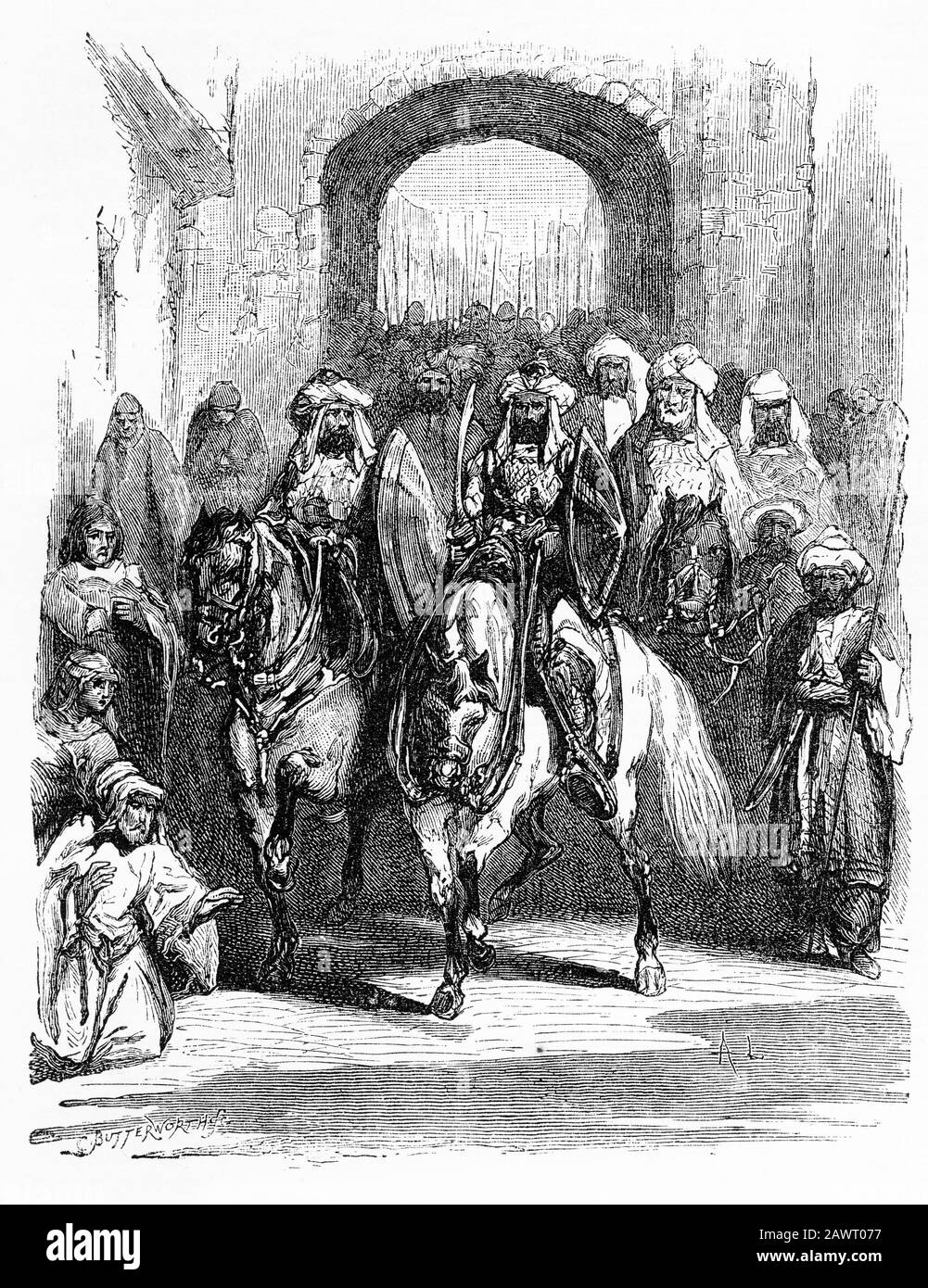 Engraving of Umar (or Omar c. 584 AD – 644 AD) one of the most powerful and influential Muslim caliphs in history, entering Jerusalem in 637 AD, where he later gave direction for building the Dome of the Rock on the Temple Mount. Stock Photo