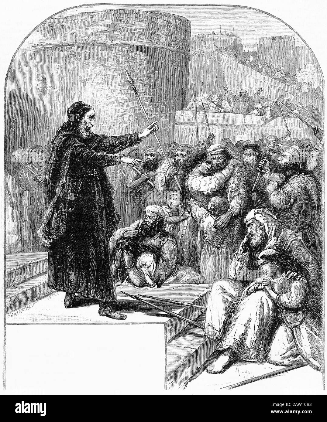 Engraving of a Jewish elder encouraging the Jews to stand faithfully during a time of persecution. This was a scene enacted in many countries over many centuries in Europe. Stock Photo