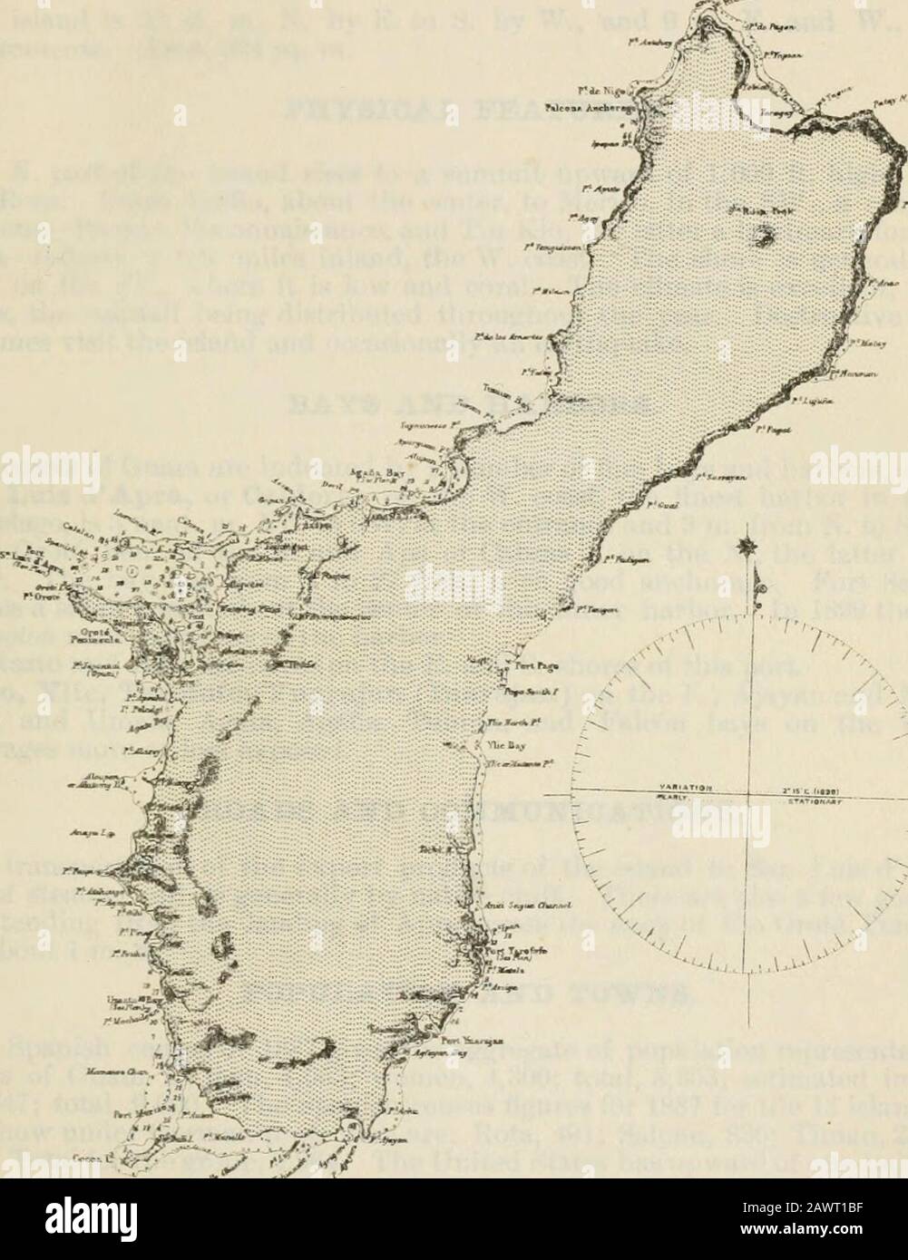 A pronouncing gazetteer and geographical dictionary of the Philippine Islands, United States of America with maps, charts and illustrations . 8,353; approximately, 1901. 9,000. Race: CharnorrosJ, interinixeil with Tagalnu and Spanish. Language: A uuxed dialect of Tagalog and Si.aiii.-li. Naval station of the Asiatic fleet, Lnited State.^ uf America. TaJile of (listanceti. From Guam (San Luis dApra) to— m. Hongkong (Briti.sh), China 1,823 Honolulu (United States) 3,337 Manila (United States), N. route 1,750 Manila (United States), S. route 1,,506 Midway Islands 3,302 Nagasaki, Japan 1,440 Pelle Stock Photo