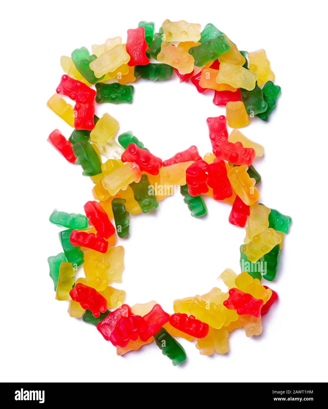 Arabic numeral "8" from multicolored chewing marmalade on a white isolated background. Food