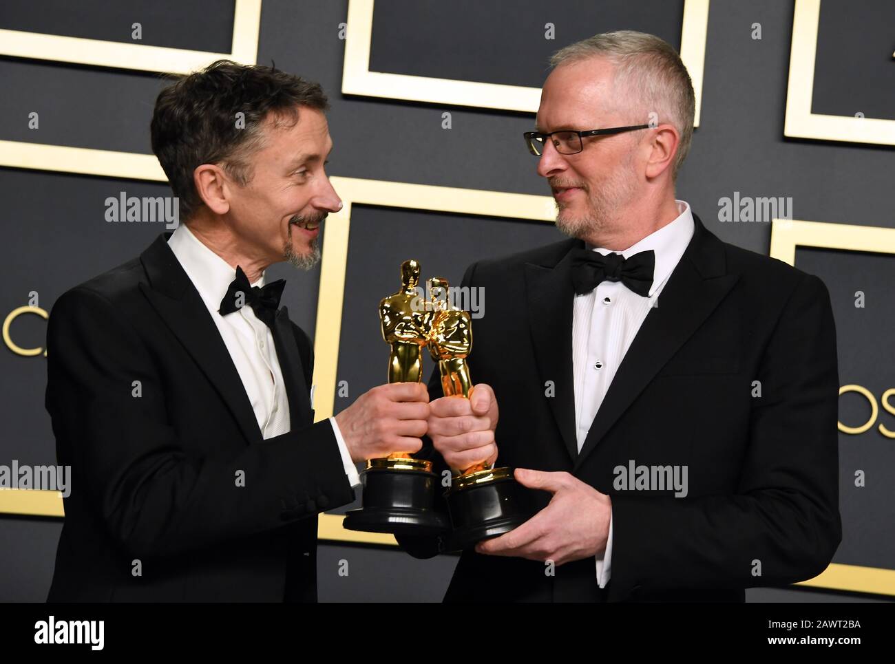 Mark Taylor and Stuart Wilson with the Best Sound Mixing Oscar for 1917 in the press room at the