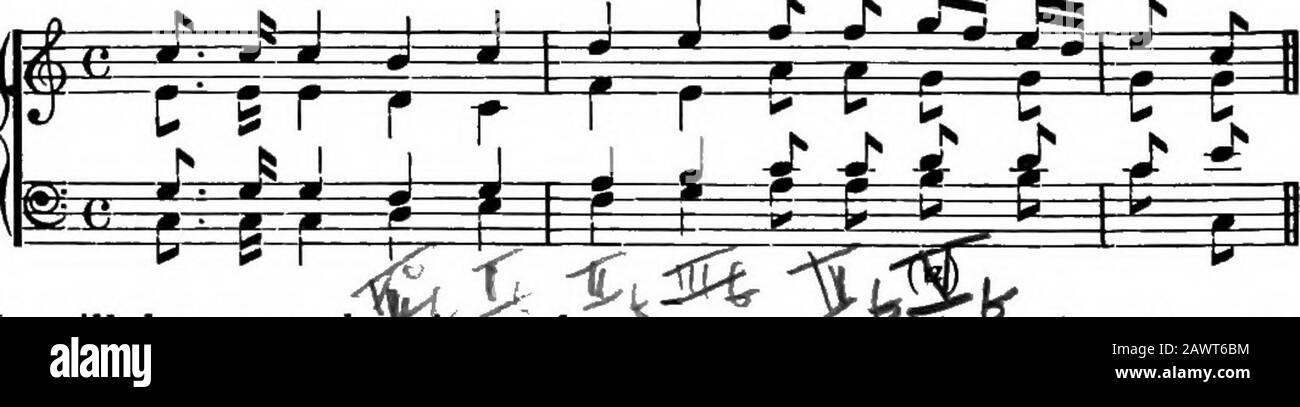 Harmony, its theory and practice . b b iii* IVi b b mb IVb U iib iiib IVi it is clear that there will be consecutive octaves, sometimes also,as at (a) consecutive fifths. From this we deduce another^rule:—The same note of the chord must not be doubled in theXsame parts in two consecutive first inversions. The usual planf adopted is to double the root and the third of the chord alter-nately, as in the following example from Mozart: Ex. 110. Mozart. Mass. No. 15.. K It will be seen thaf^ fe such a passage as this It is not pos-sible to double the primary note of each chord. Here, in thefir Stock Photo
