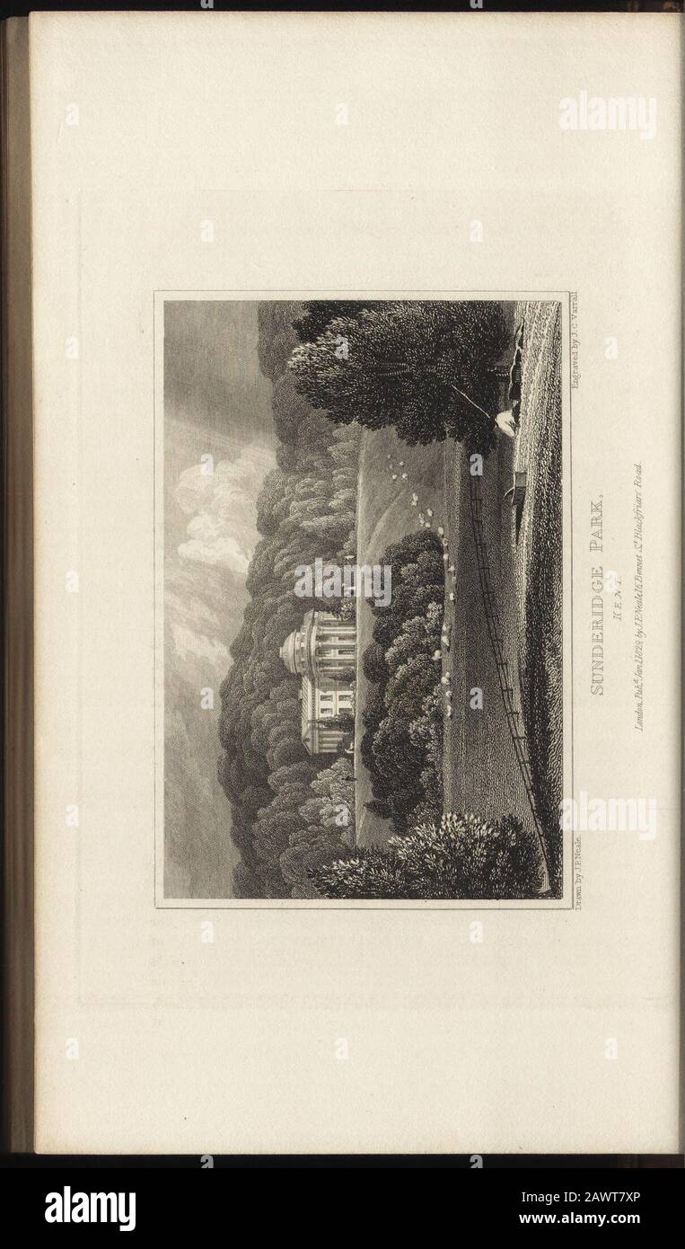 Views of the seats of noblemen and gentlemen, in England, Wales, Scotland, and Ireland . uttUrtoge $ark, Itent; THE SEAT OF SAMUEL SCOTT, ESQ., M.P. The situation of Sundridge Park is within a short distance of Bromley,and about ten miles from London. The Mansion stands on a hilly spot,which was considerably lowered when the house was erected, in orderto give it an appropriate elevation and suitable aspect. The three ce-lebrated architects, Messrs. Repton, Nash, and Wyatt, have each of thembestowed a share of their skill upon the construction of this country re-sidence. The principal front, wh Stock Photo