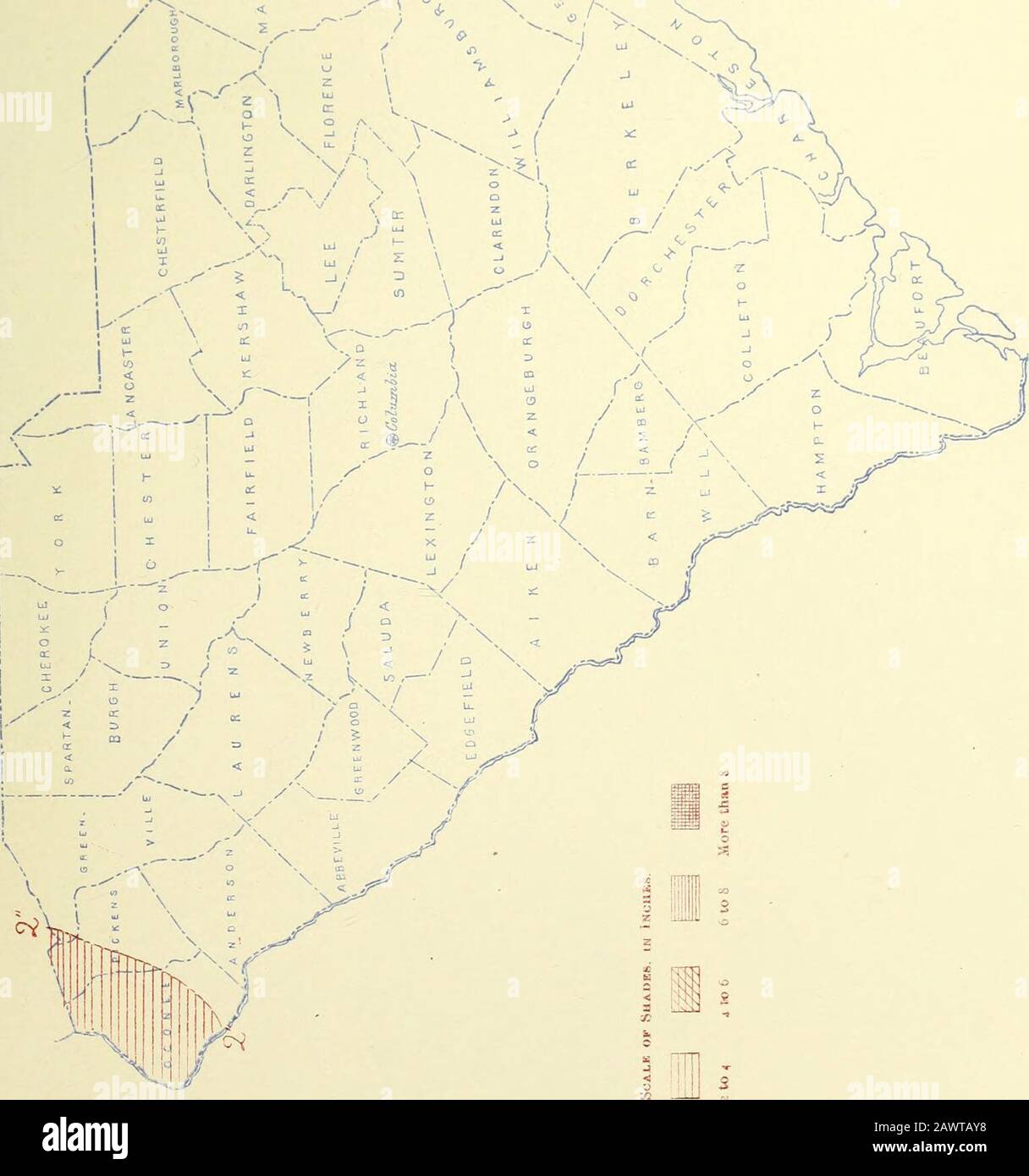Climatological data, South Carolina . 5 y^ â / ^â / / lU  -K z  2O  UJ V. l- K o A o âi I  r  -  â y â   &lt; r  / v^ O V /  ,  ^ J ;^ ^ uJ - ^â¢  1 ^/ / s ?; 1 D . 88 CLIMATOLOGICAL REPORT: SOUTH CAROLINA SECTION. NOVKMBER, 1906. DAILY PRECIPITATION FOE SOUTH CAROLINA, NOVEMBER, 1906. Day of Month. a I 2 3 4 5 6 7 8 9 10 II 12 13 14 15 1i6| 17 18 19 20 21 22 23 24 25 26 27 28 29 30 31 & â¢75 .40 . 101.00.60 1 â¢251.00â¢330.95 Anderson. .:. .05.18 â¢75 T^.= .38.02 .02 â¢03 BarkudMle BiUfsburg â 70 .â 36â 59 â¢54 T. T. 1.050.420 80 .04T. .02 tJ(^iinettPviUe . 21. 20 Bhiokville 0. 9 Stock Photo