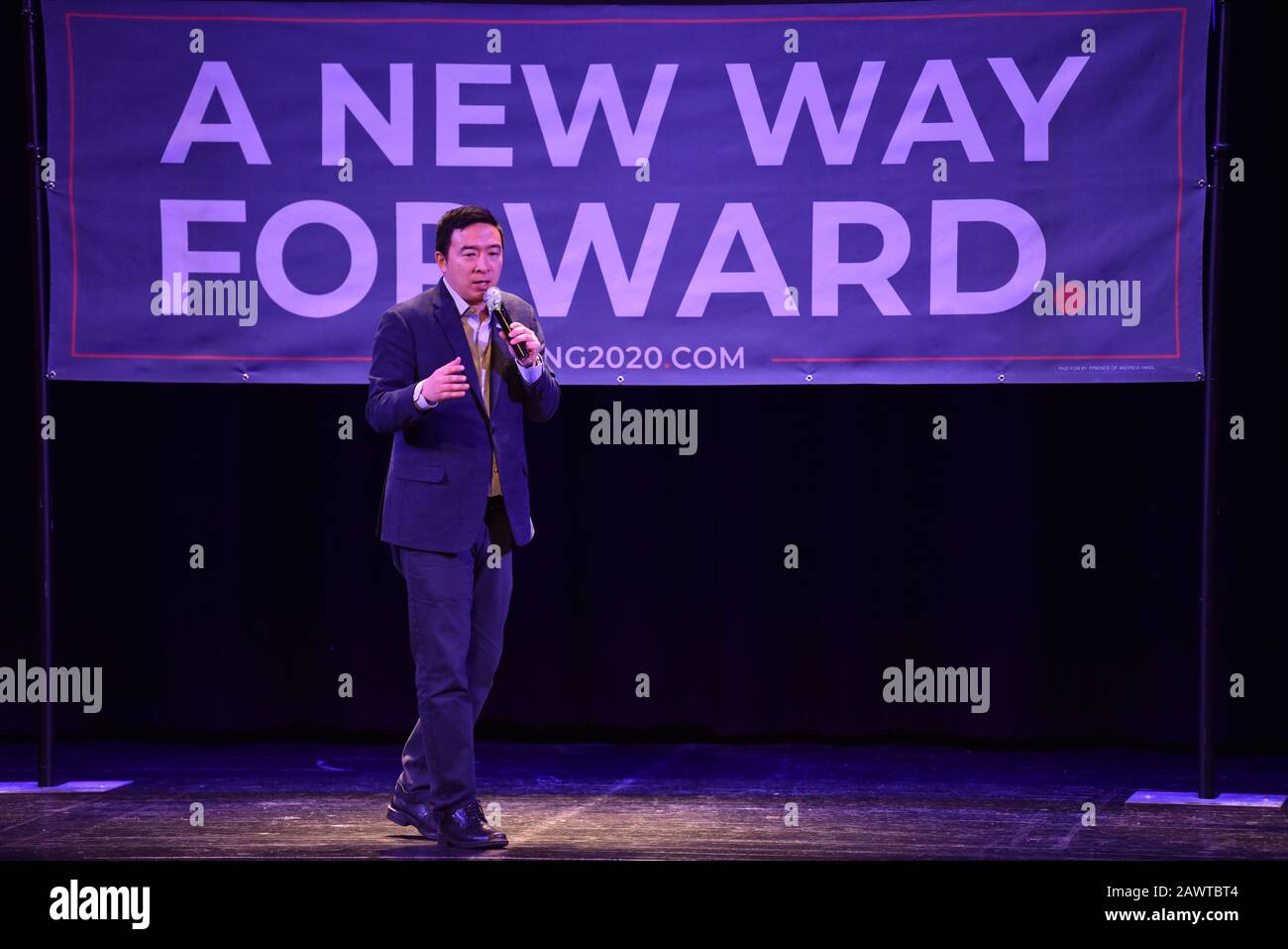 US Presidential candidate Andrew Yang campaigns at the Claremont, NH, Opera House during the 2020 New Hampshire Primary (2/9/2020). Stock Photo