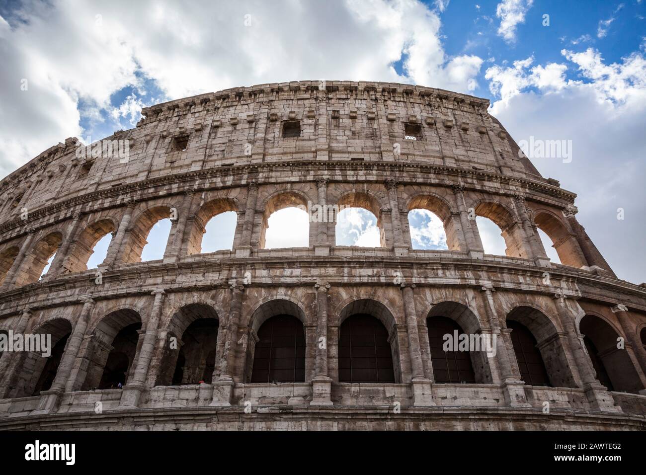An exterior shot of part of the Colosseum in Rome, Italy. Stock Photo