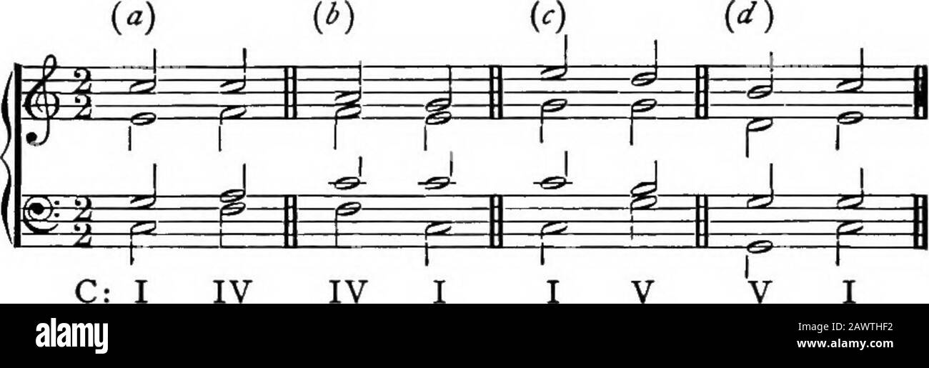 Harmony, its theory and practice . ords as we shall see presently, must be dominant and tonic intheir root positions. The only correct way of harmonizingthese chords will be— -^ A Ex.72. ^ zi =^ ^^ C: V I Here the melody descends to the tonic; the bass also goes tothe tonic ; and the leading note must rise to the tonic (§ 100) ;there is therefore only one part, the alto, remaining; and as thethird is needed to fix the nature of the chord, this note is taken,and the fifth omitted.* Occasionally also, though much morerarely than the fifth, the root of the chord is the note omittedin inversions. Stock Photo