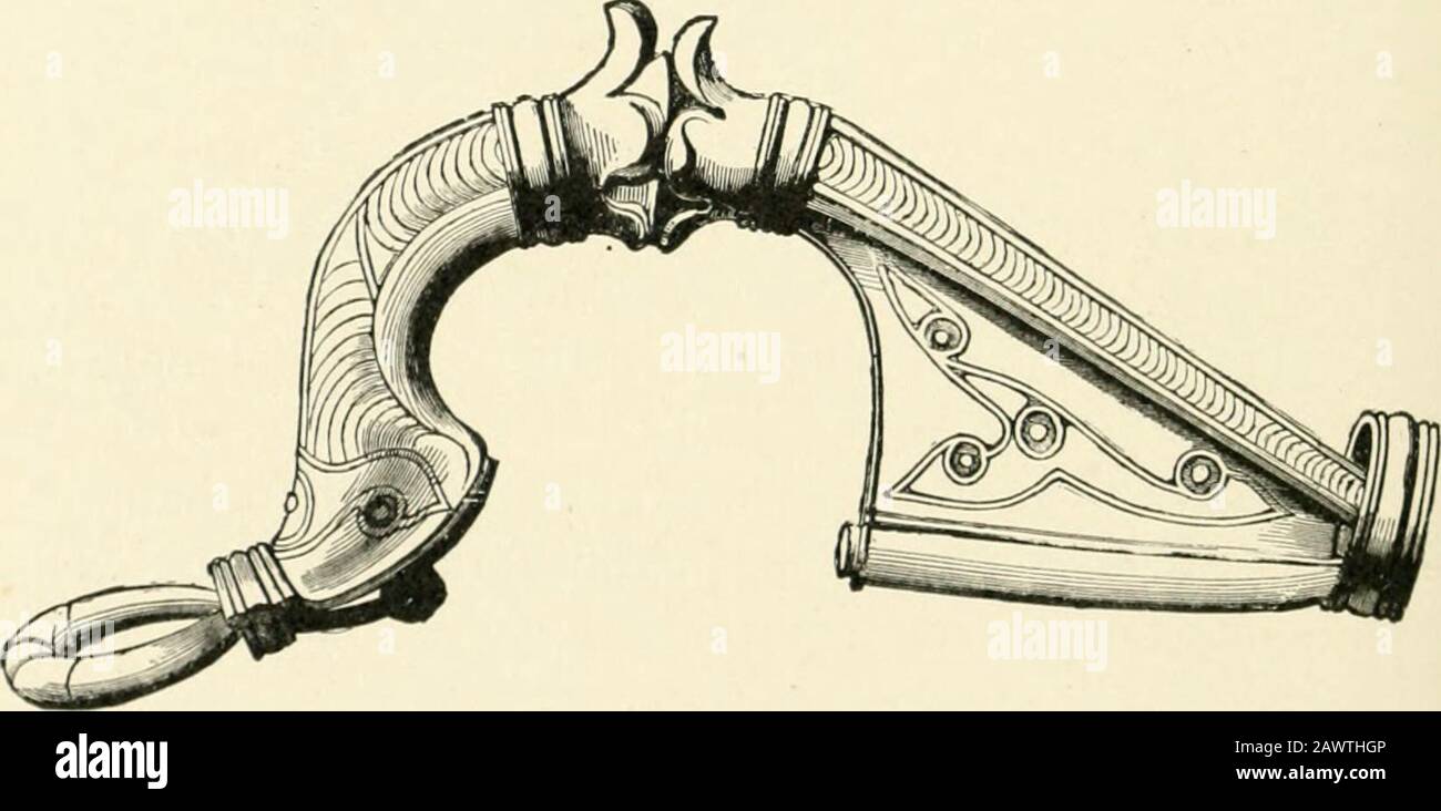An introduction to the study of prehistoric art . Fig. 308.—La Tene fibula. Type III. Great Chesterford, Essex. (Two-thirds size.) Pius, but the character of the design ornamenting the plateunmistakably bespeaks the Late Keltic artist. This broochnaturally leads to the consideration of another which wasprobably made towards the end of the second century a.d... IKi. 309.—Silver-gill fibula. Backworth, Northumberland. (Natural size.) but yet is omi of the finest products of British Keltic artthat has come down to us. Inside the western guardroomof the south gate of Aesica, a Roman station 011 I Stock Photo
