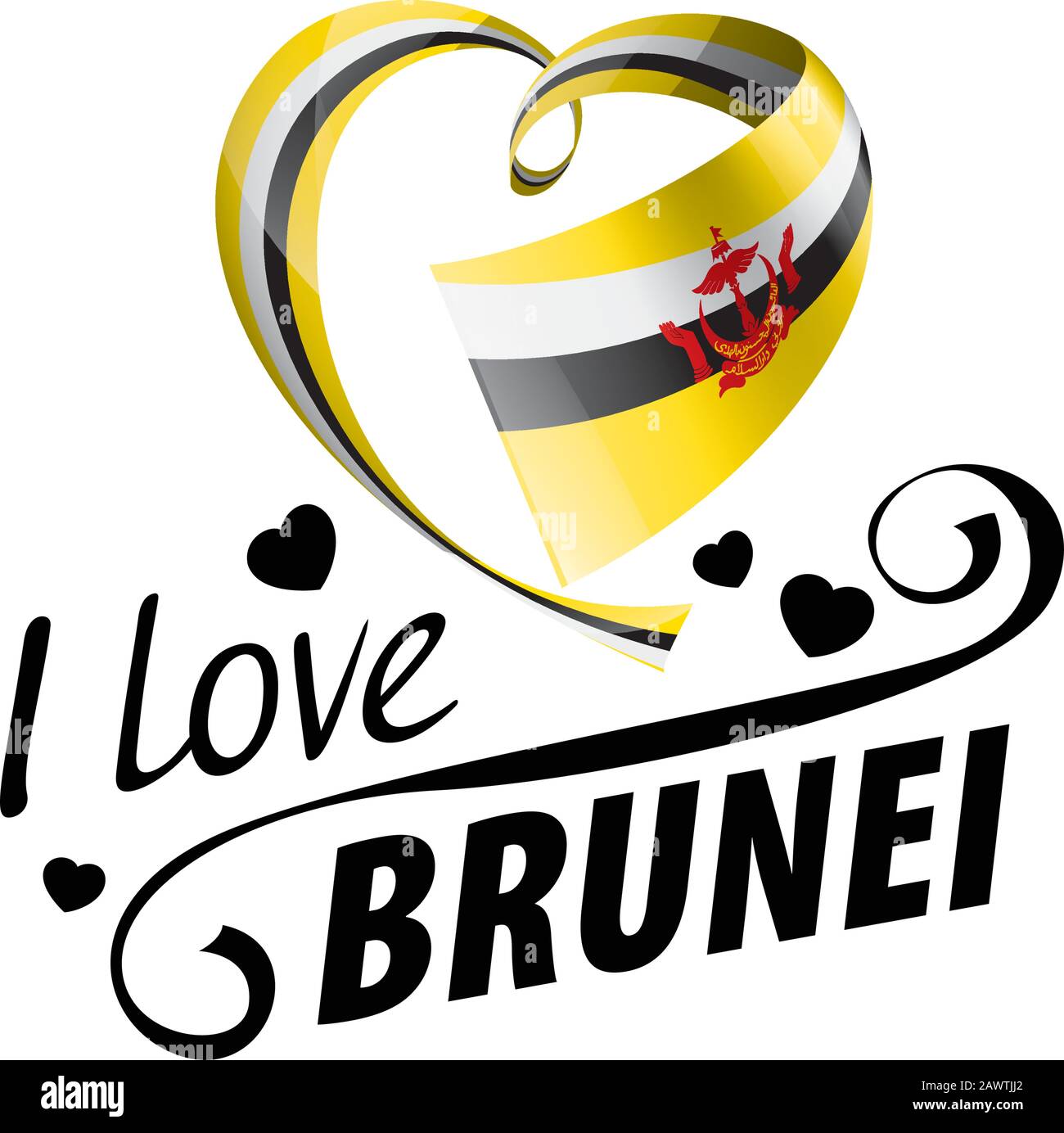 National flag of the Brunei in the shape of a heart and the inscription