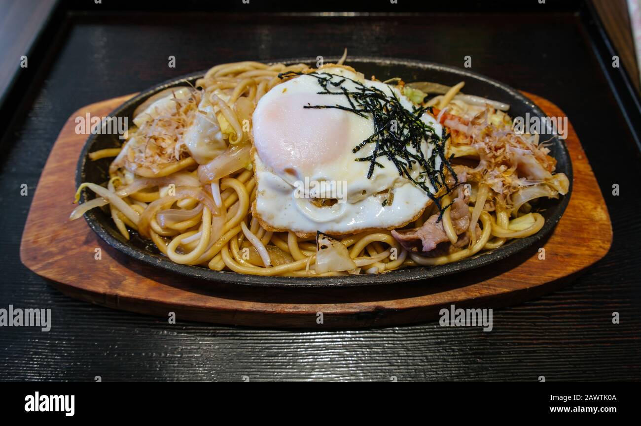 Healthy Asian food. Low sodium stir fried yakisoba with egg pork and