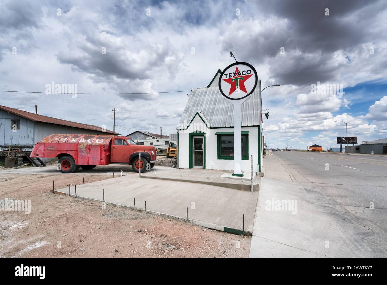 An old Texaco gas station at Rawlins, Wyoming, USA Stock Photo