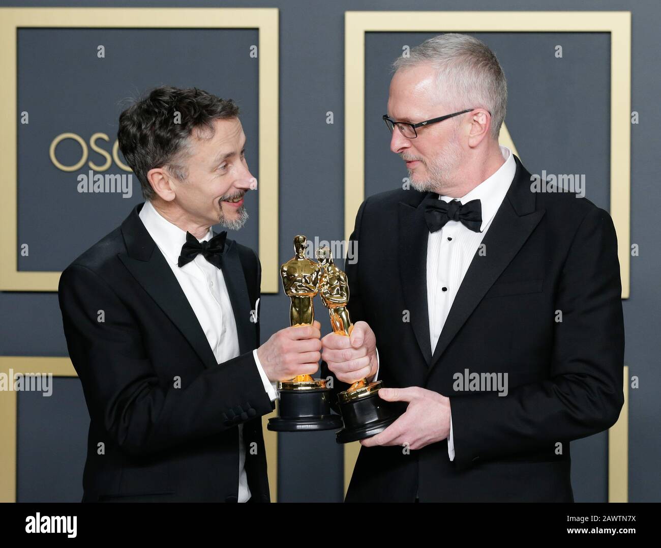 Los Angeles, United States. 09th Feb, 2020. Stuart Wilson (L) and Mark Taylor, winners of Best Sound Mixing for '1917,' appear backstage with their Oscar during the 92nd annual Academy Awards at Loews Hollywood Hotel in the Hollywood section of Los Angeles on Sunday, February 9, 2020. Photo by John Angelillo/UPI Credit: UPI/Alamy Live News Stock Photo