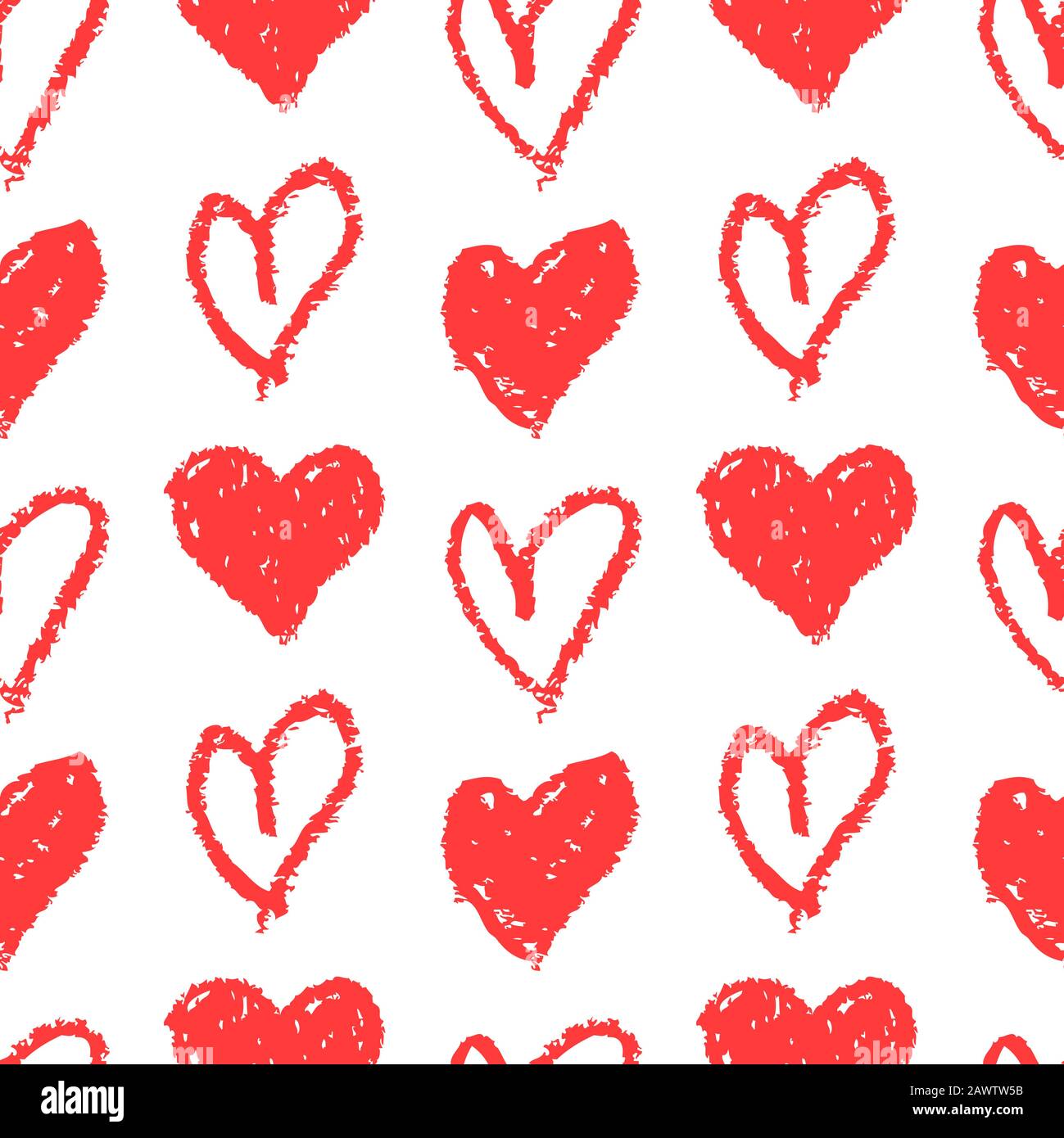 Seamless pattern with hand drawn hearts. White background and red  painted hearts. Print for love, wedding, Valentine's day or other romantic design. Stock Vector